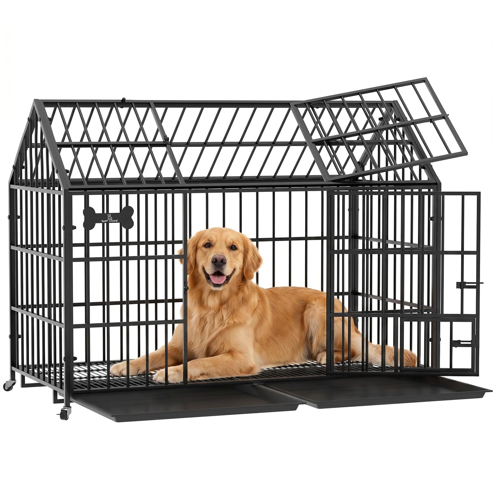 54" XXL Heavy Duty Dog Crate, Steel Escape-Proof Kennel Indoor Fits Large/Medium Dogs,Roof Top + 2 Doors, Removable Trays for Cleaning, Lockable Wheels for Mobility (54X26.4X41.2IN)
