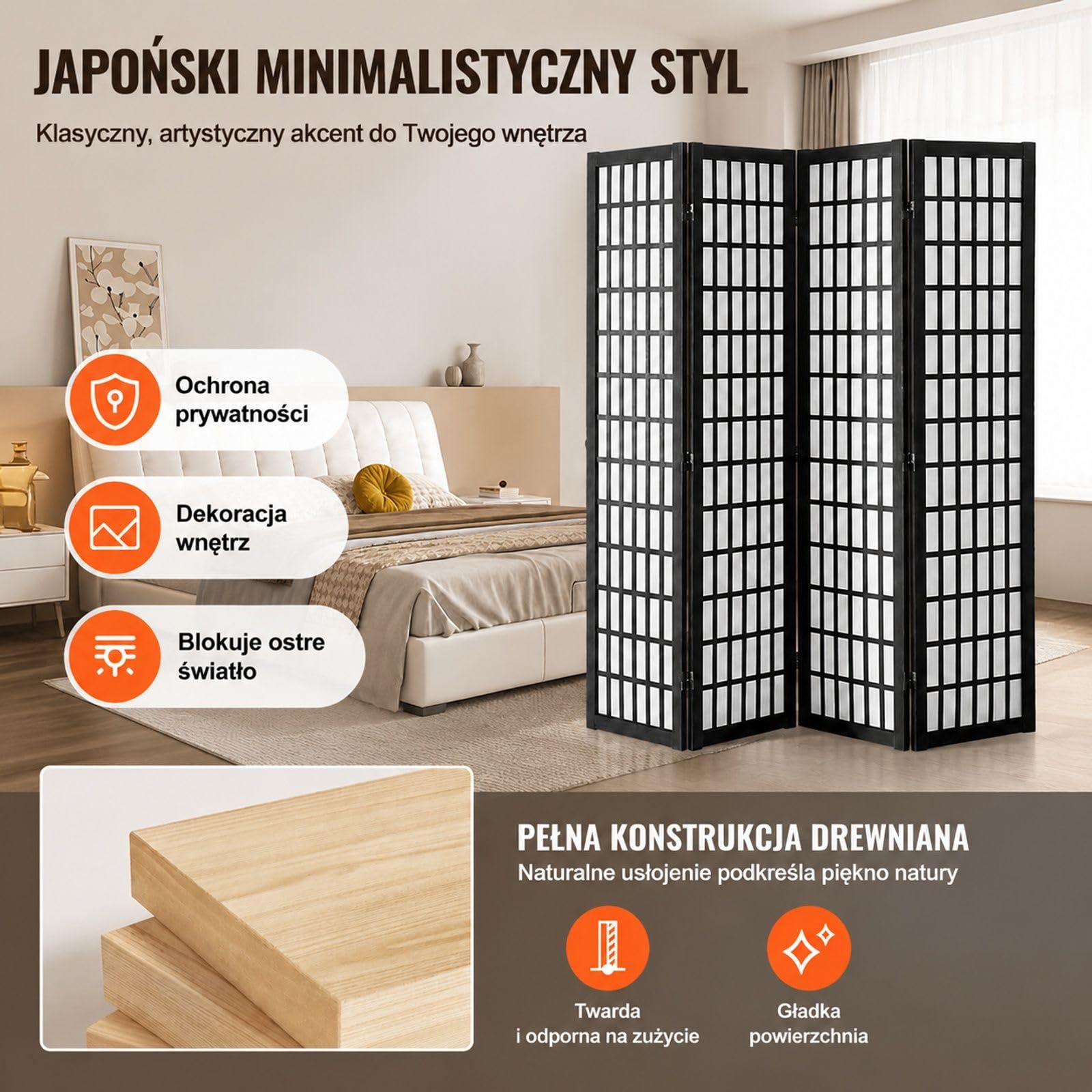 Parawan pokojowy 4 panele, japoński styl, drewniany składany ekran do domu i biura