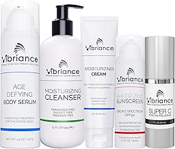Vibriance Premium Skincare Bundle | Super C All-in-One Serum, Face Cleanser, Moisturizing Cream, Sheer Zinc Sunscreen SPF 50, Age Defying Body Creme - Heal, Hydrate, Protect, Rejuvenate