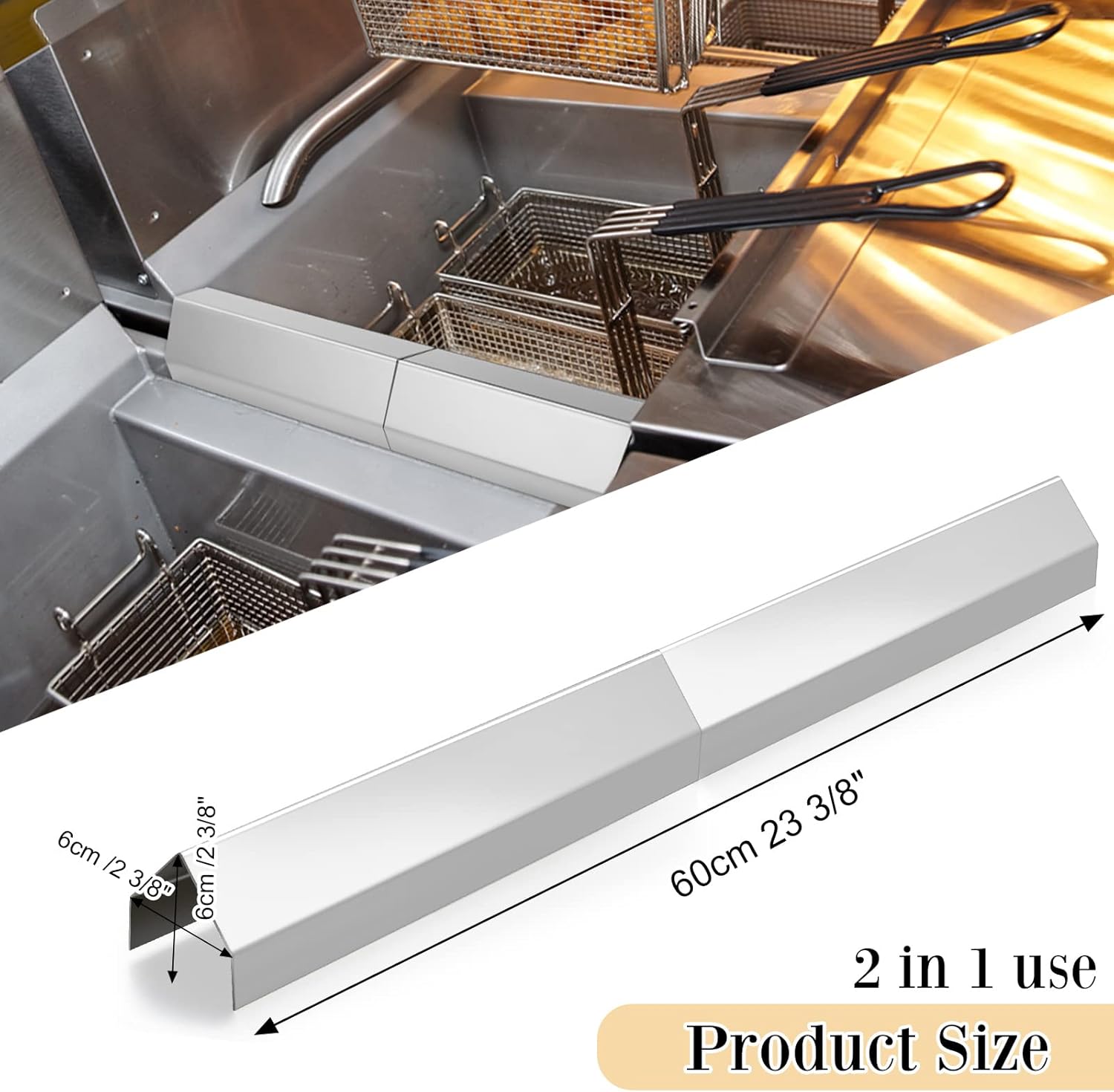 2 Pcs Deep Fryer Splash Guard Stainless Steel Joining Strip 20 Gauge Thickness Commercial Deep Fryer Joint Adapter Connector Curved Parts(23 3/8"L x 2 3/8"W x 2 1/4"H)