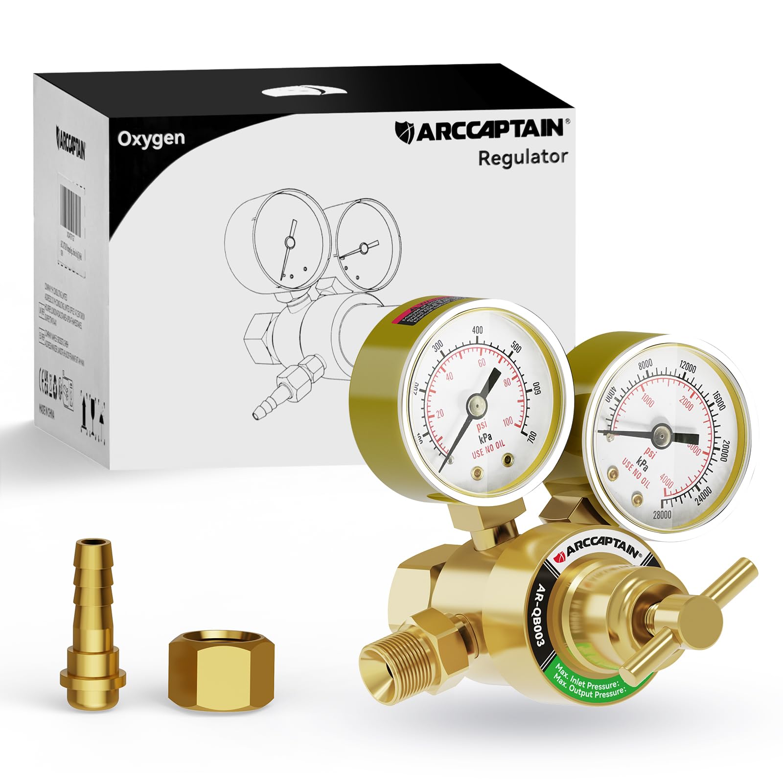 ARCCAPTAIN Oxygen Regulator Gauges Gas Welding, 0-4000PSI and 0-100PSI Welding Gas Gauges With 9/16"-18 and 1/4" Hose Outlet and Welding Gas Gauges