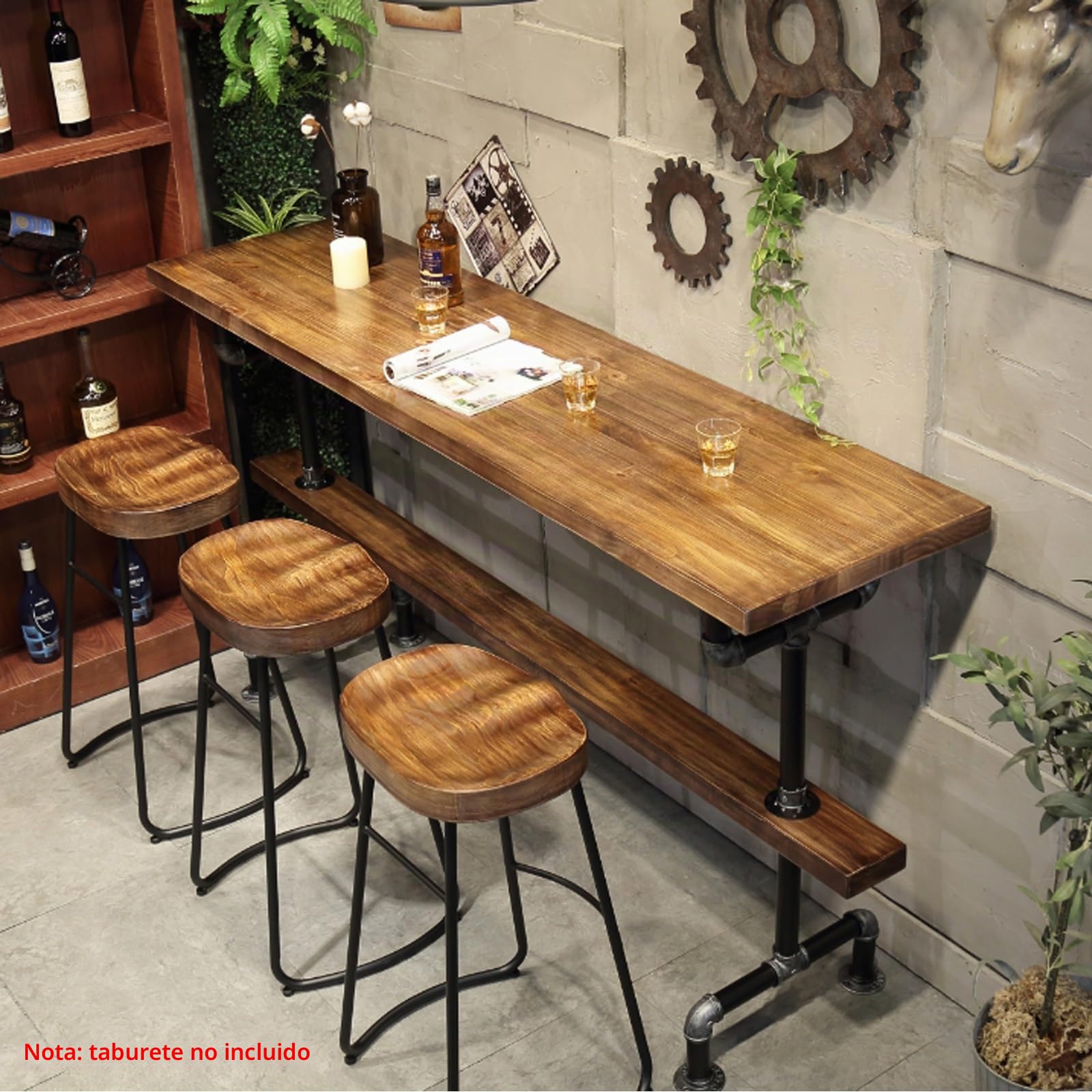 Barra mesa de comedor industrial de madera maciza Barra terraza Mesas Altas De Bar Mesa de bar de patio estrecha Barra de madera mesas altas y estrechas base metálica mesa alta cocina Sin taburete(150