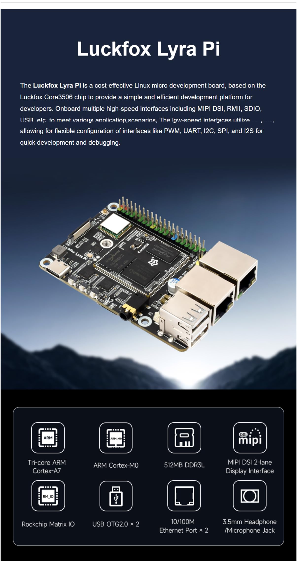 TUOPUONE Lyra Pi Linux Micro carte de développement basée sur la carte mère Core3506 intègre des processeurs triple cœur ARM Cortex-A7 et ARM Cortex-M0 intégrés à un emplacement pour carte TF avec