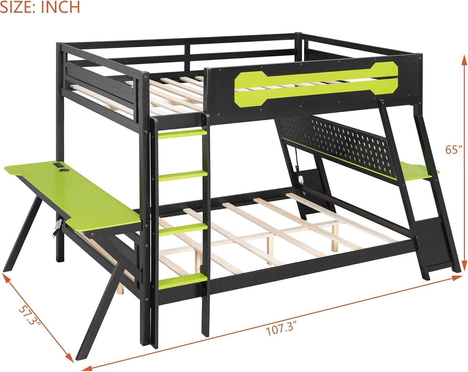 Polibi Full Over Full Bunk Bed with 2 Built-in Gaming Desks, USB Charging Ports & Pegboard Organizer, Heavy-Duty Gaming Bed Frame for Teens/Adults, Green (Full Size)