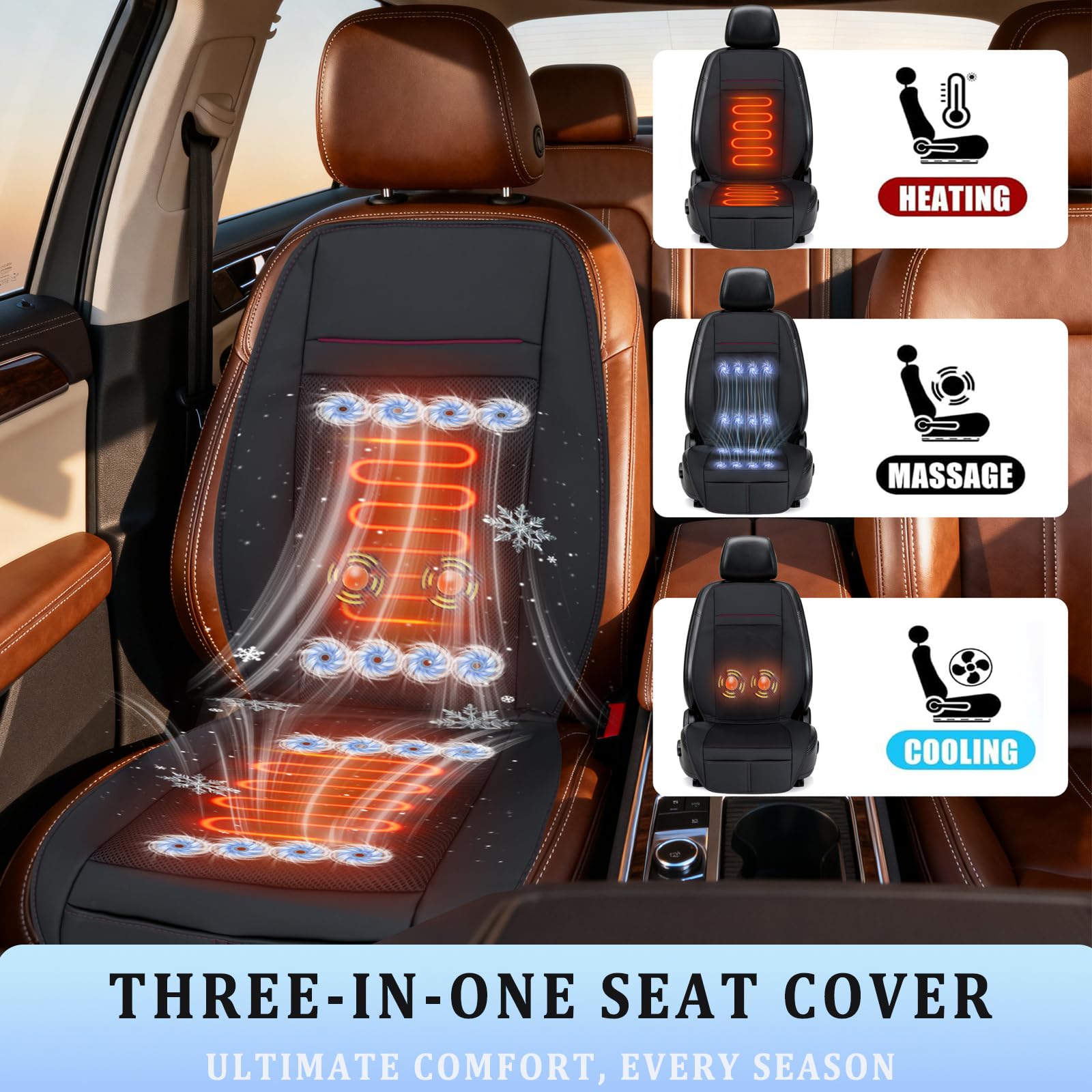 3-in-1 kühlendes Autositzkissen mit Massage & Klimatisierung, 16 Ventilatoren, belüfteter Sitzkühler, 12 V Vordersitz, Allwetter-Kühlsitzbezug für Auto, SUV, LKW (Warm&Kühlung&Massage-3)
