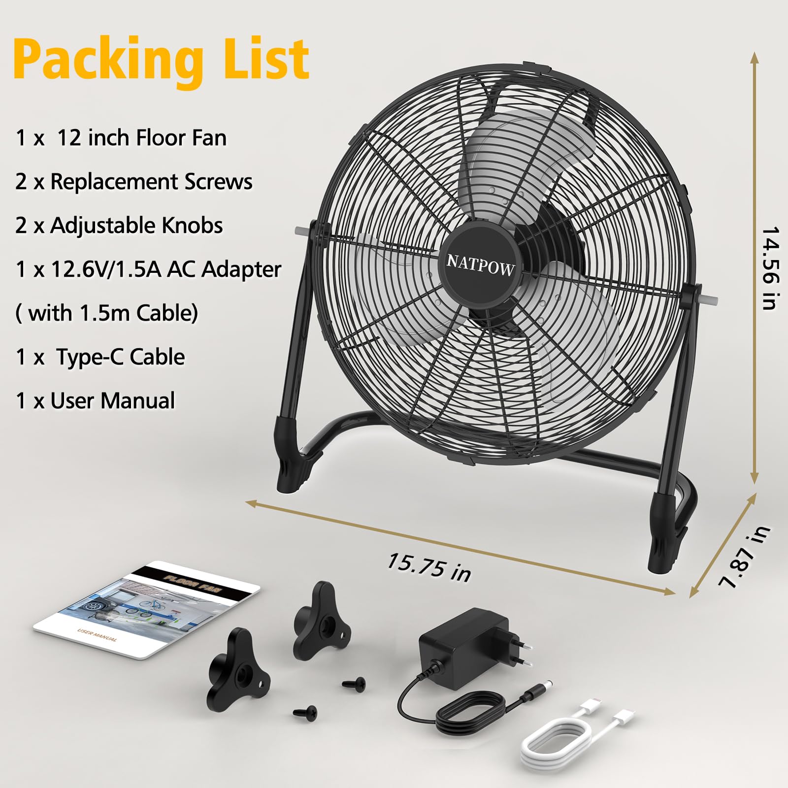 NATPOW Rechargeable Ventilateur de Sol pour Intérieur et Extérieur, 13200mAh Brasseur d'air avec Type C et USB, 15W 30 cm Ventilateur, Adaptateur 1,5 m Inclus, Silencieux, Économe en Énergie, Noir