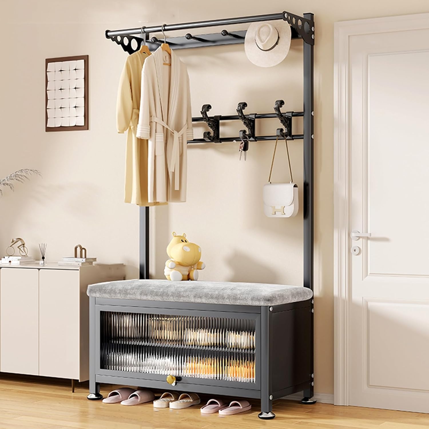 4-in-1 Shoe Rack with Acrylic Doors, Entryway Organizer with 8 Hook & Independent Design for Bedroom, Hallway, Office（Black,80x36x172cm）