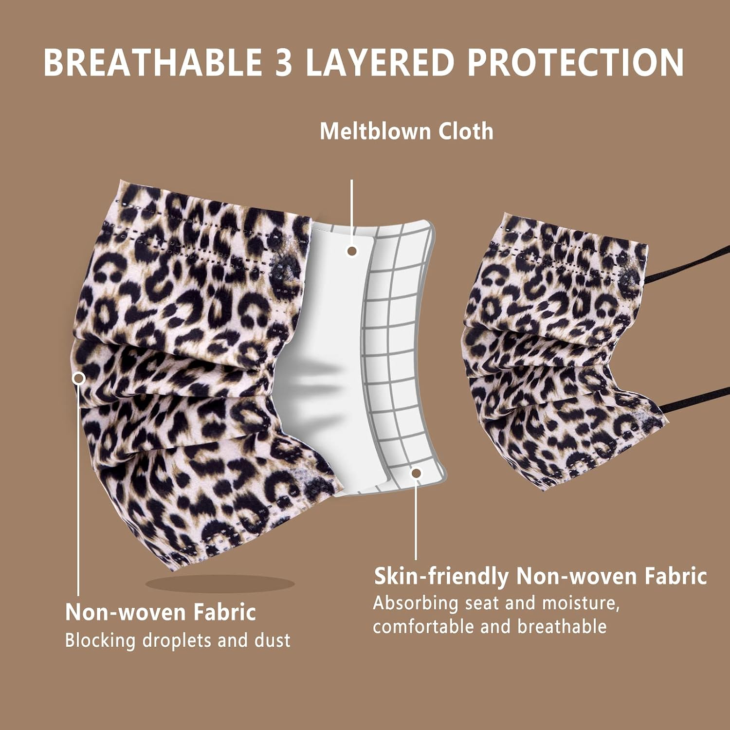 Disposable Face Masks with Designs Cute Face Mask 3 Ply Cheetah Print 50 Pcs