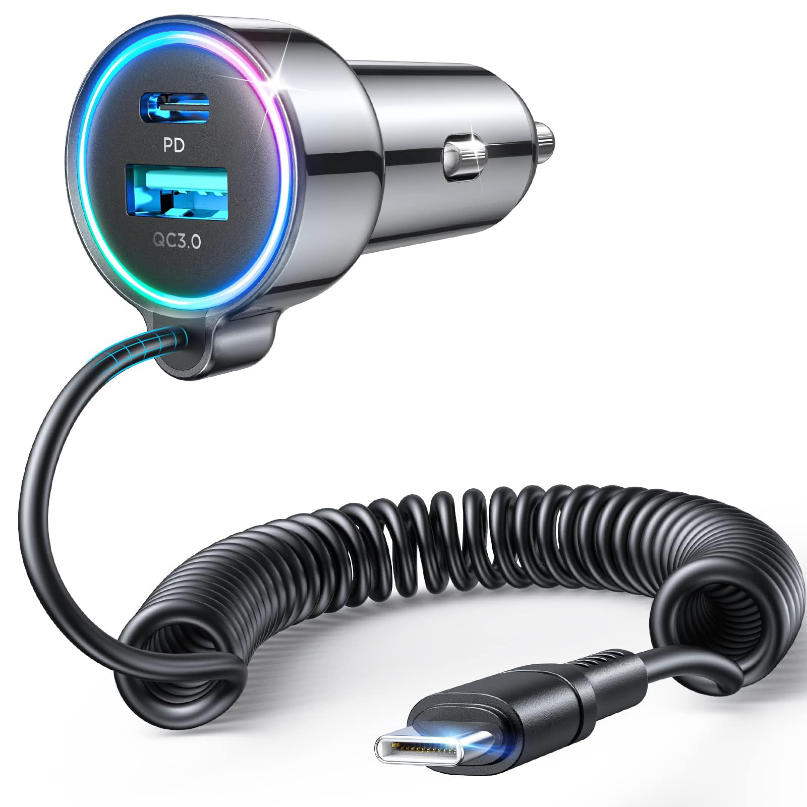 2026 90W 3 Porte Caricabatterie Auto USB C, PD3.0 & QC3.0 Veloce Caricatore auto con 1.5M [Mantieni l'ordine] Cavo a Spirale di Tipo C Super Veloce, Accendisigari per iPhone 17, Samsung S25, Android