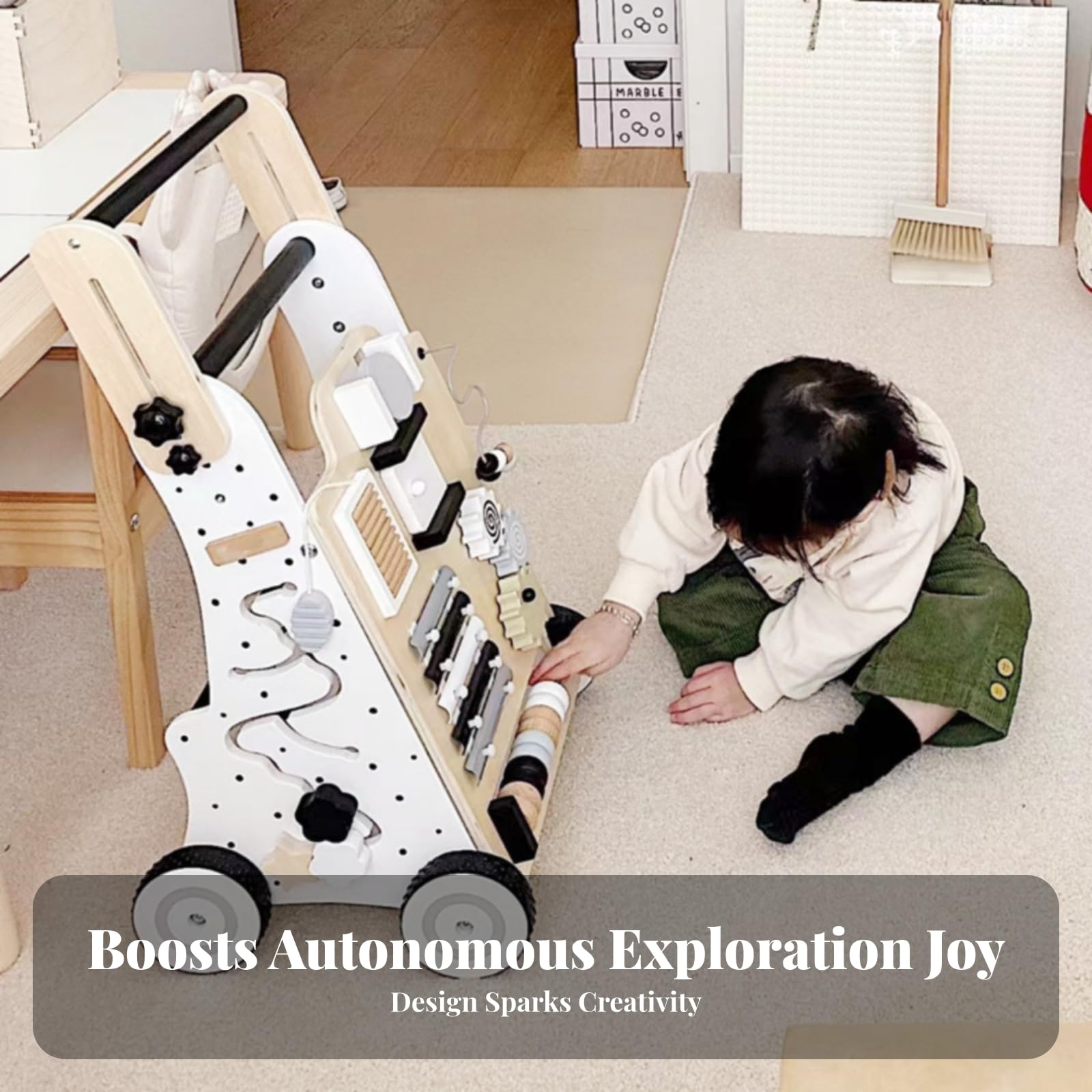 Carrito Empuje Ayudante para Caminar Actividades Ayudante para Caminar Madera Ruedas Acabado y Color Claro