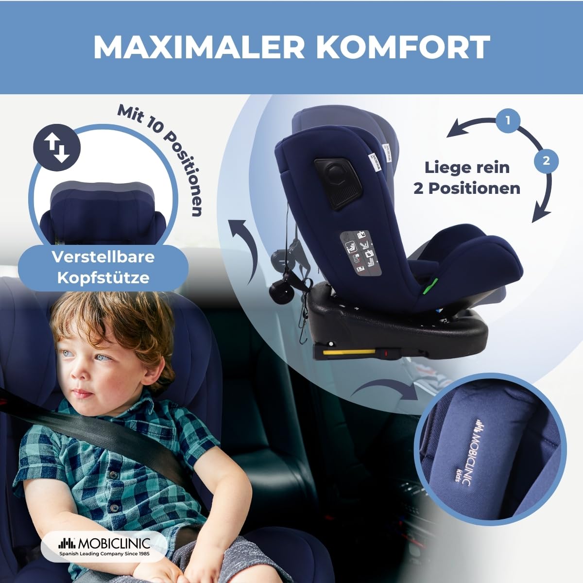 Mobiclinic®, Kindersitz, ISOFIX, 360°-Drehung, I-Size ECE R129, Top Tether, Gruppe 0/1/2/3, Kombinierbar, 0 bis 36kg, 5-Punkt-Gurt, 0–12 Jahre, Verstellbar, 3-fach verstellbare Rückenlehne, Pandafix