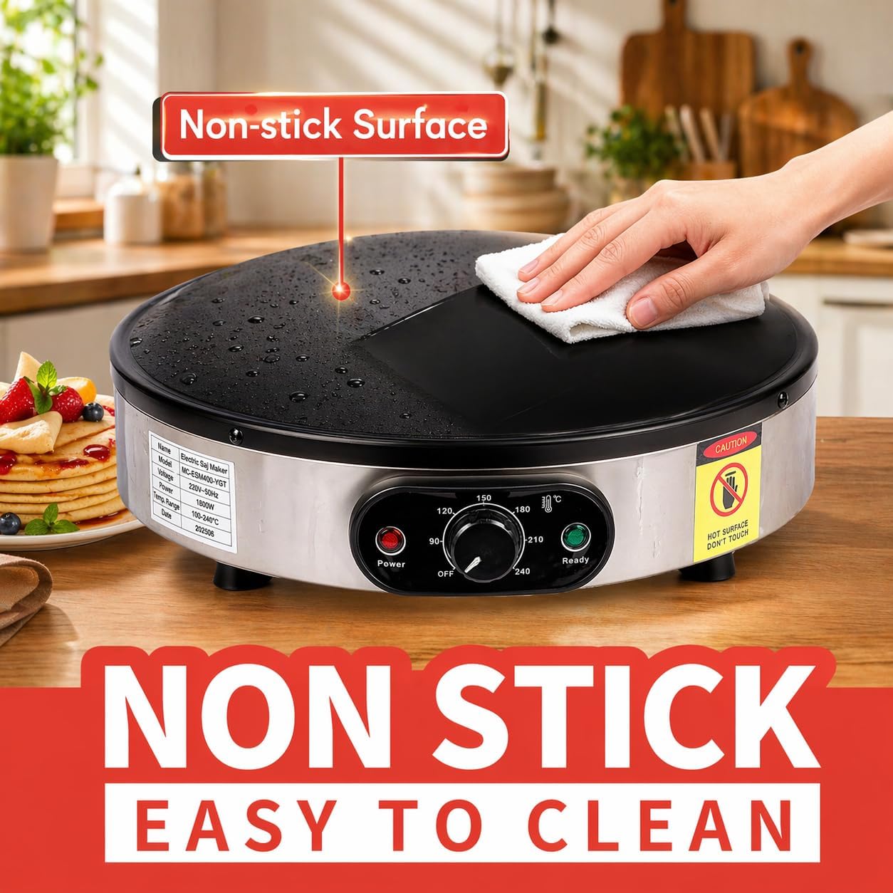 Crepe Makers, 1600W 16 Inch Electric Flatbread Maker, 1600W Large Non-Stick Convex Dome Griddle, Commercial Grade Saj Bread Maker & Crepe Machine, Adjustable Temp up to 460°F,Stainless Steel