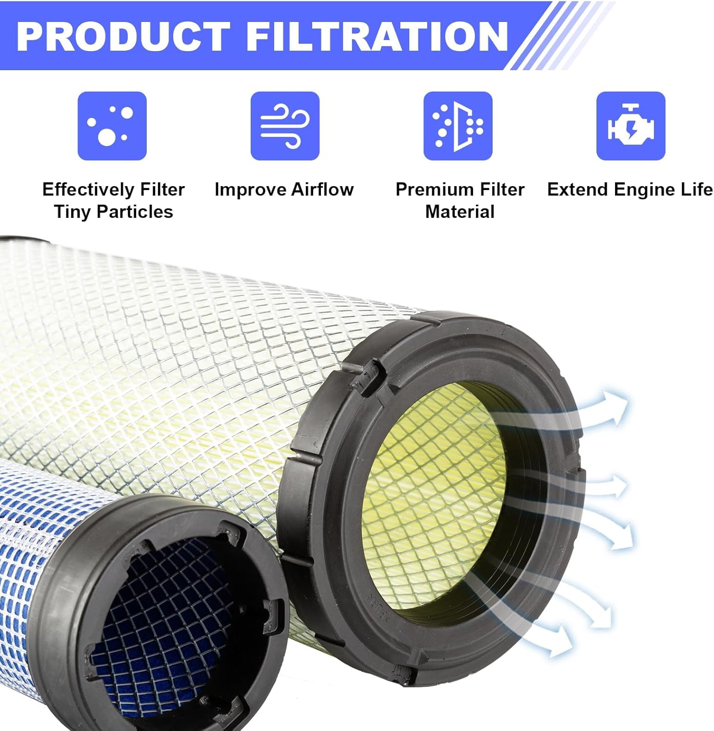 P822768&P822769 Air Filter for Bobcat 59144170 59144188 463 Kubota Tractor M4700 Replace 46489 46490, AF25553, LAF8143, CA9246, AM129028, R1401-42280, RS3702+RS3703, 6666333+666634(set of 2)