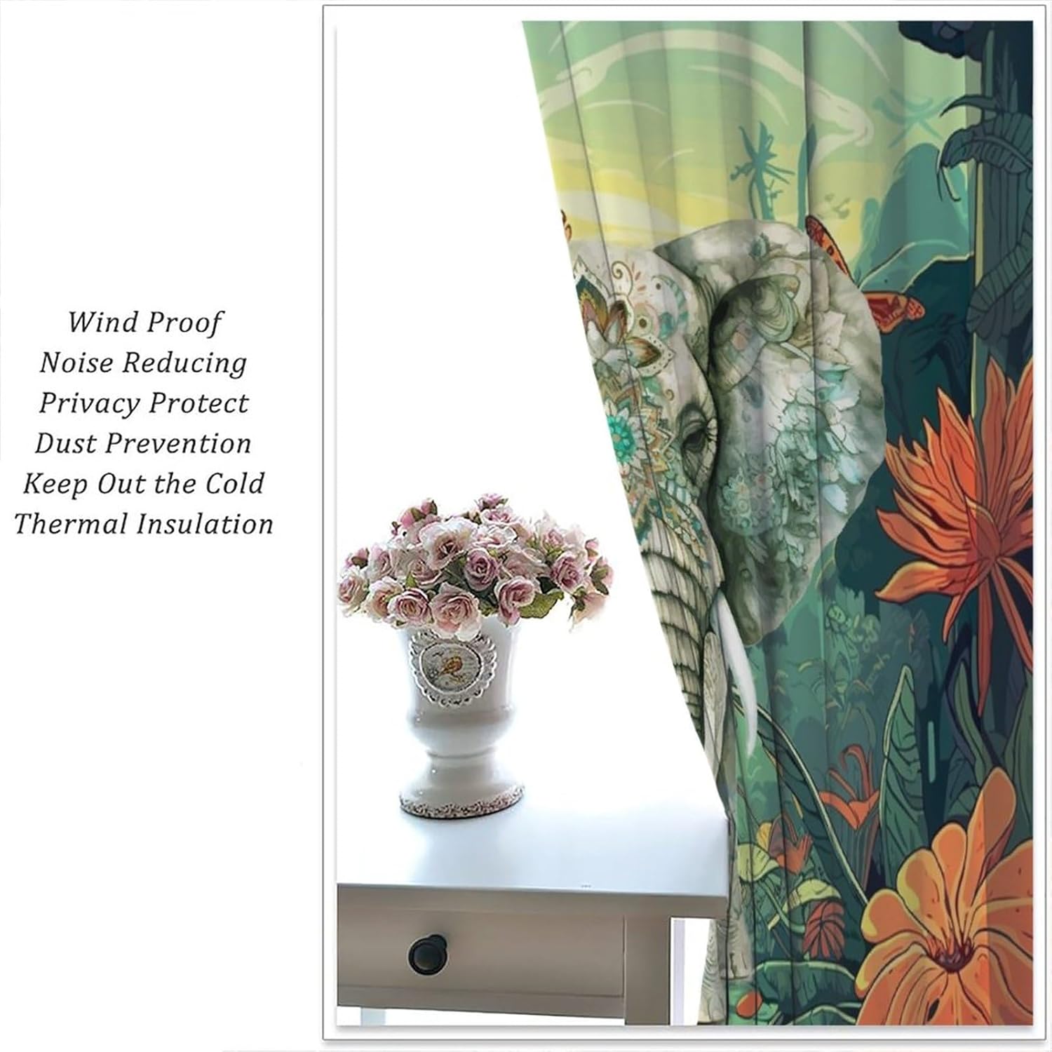 Watercolor Tropical Wildlife Elephant Curtains for Home Decor Rustic Boho Animals Summer Jungle Plants Florals Window Drapes for Bedroom Rod Pocket 2 Panels 63" L x 21" W