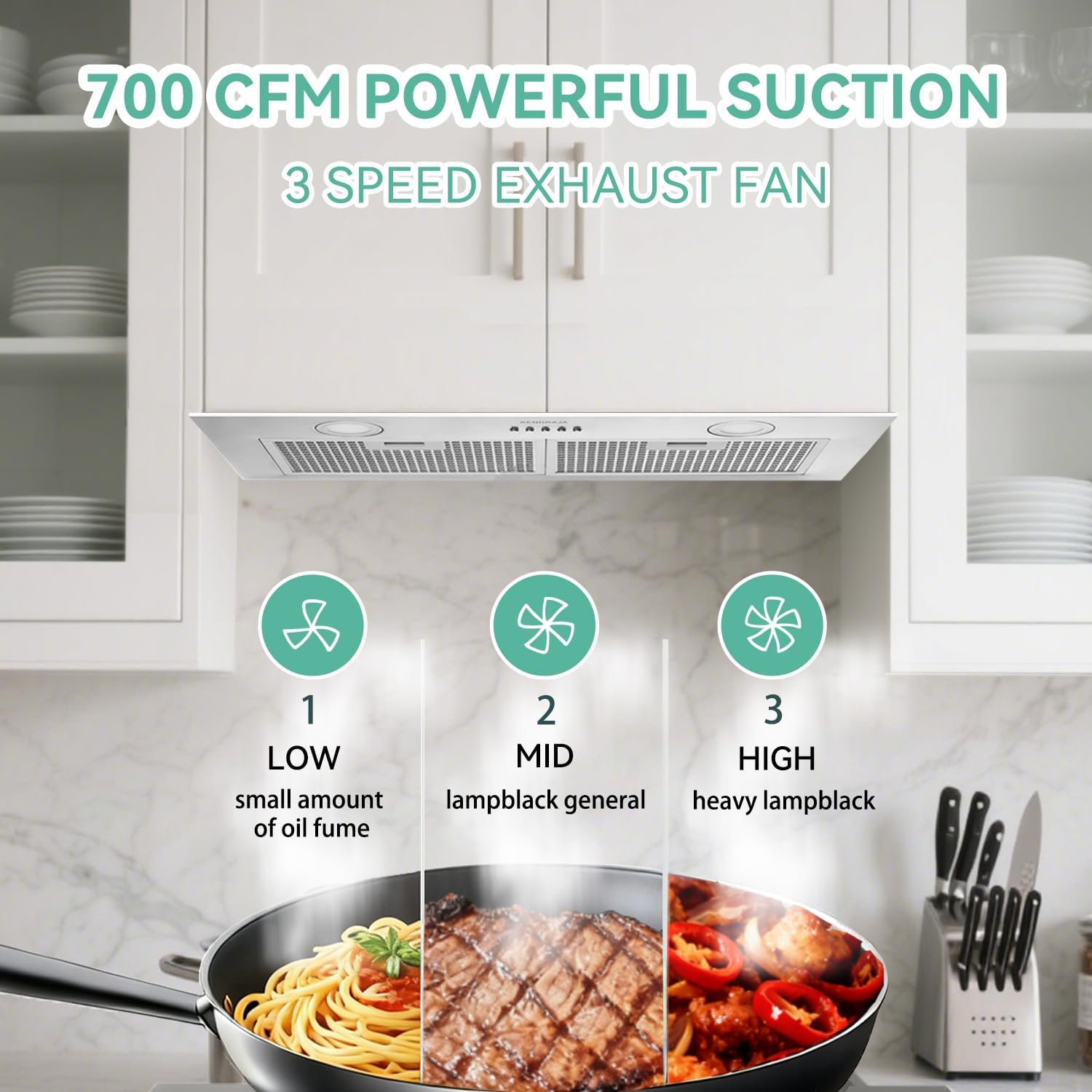 Built-in 30 Inch 700 CFM Kitchen Range Hood Insert | Stainless Steel Stove Vent Hood with Bright LED Lights, Push Button Control | Convertible Ducted/Ductless, Includes Grease & Carbon Filters