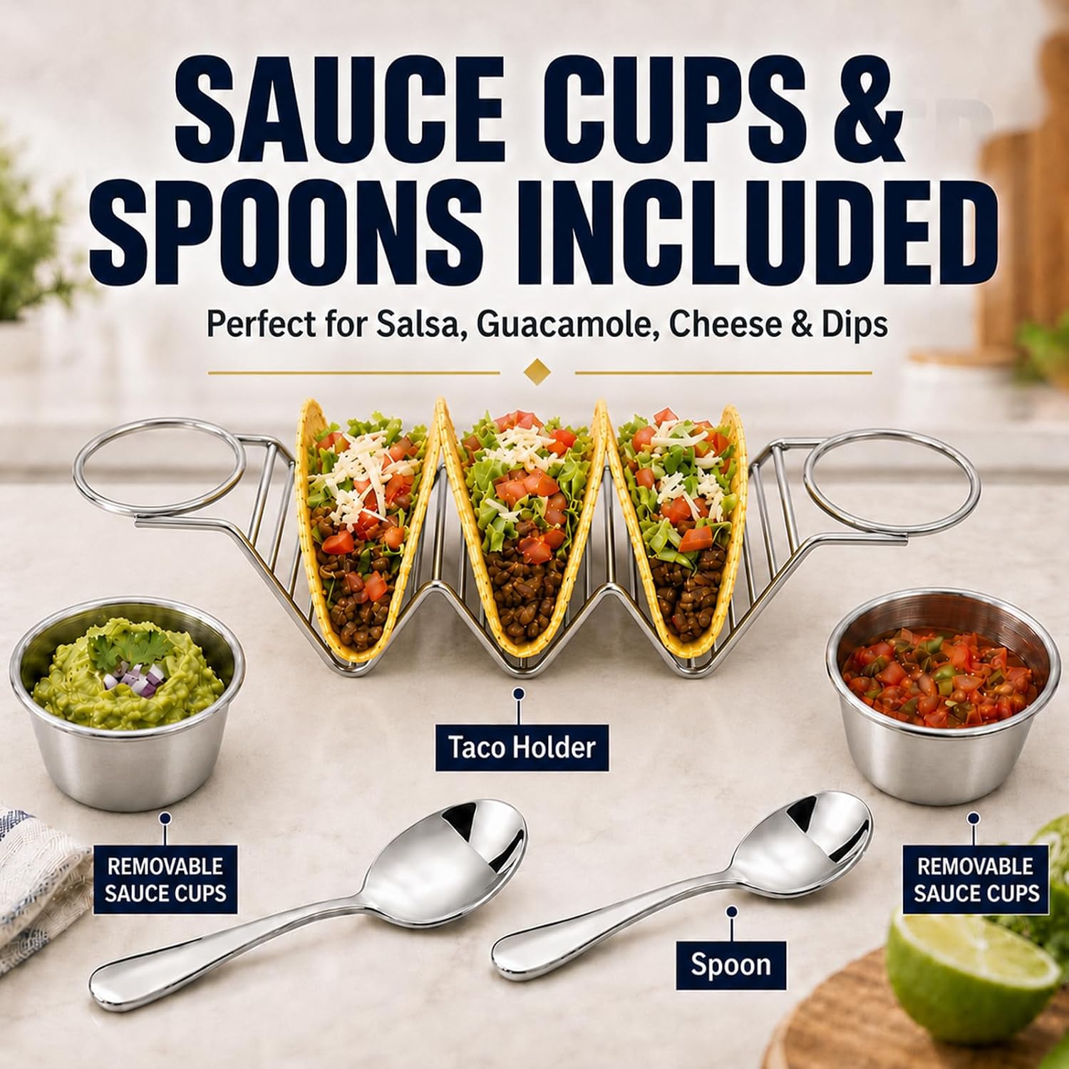 6 Slots Stainless Steel Taco Holder Stand with 4 Sauce Cups & 2 Golden Spoon, Oven Dishwasher Safe Taco Rack for Kitchen BBQ