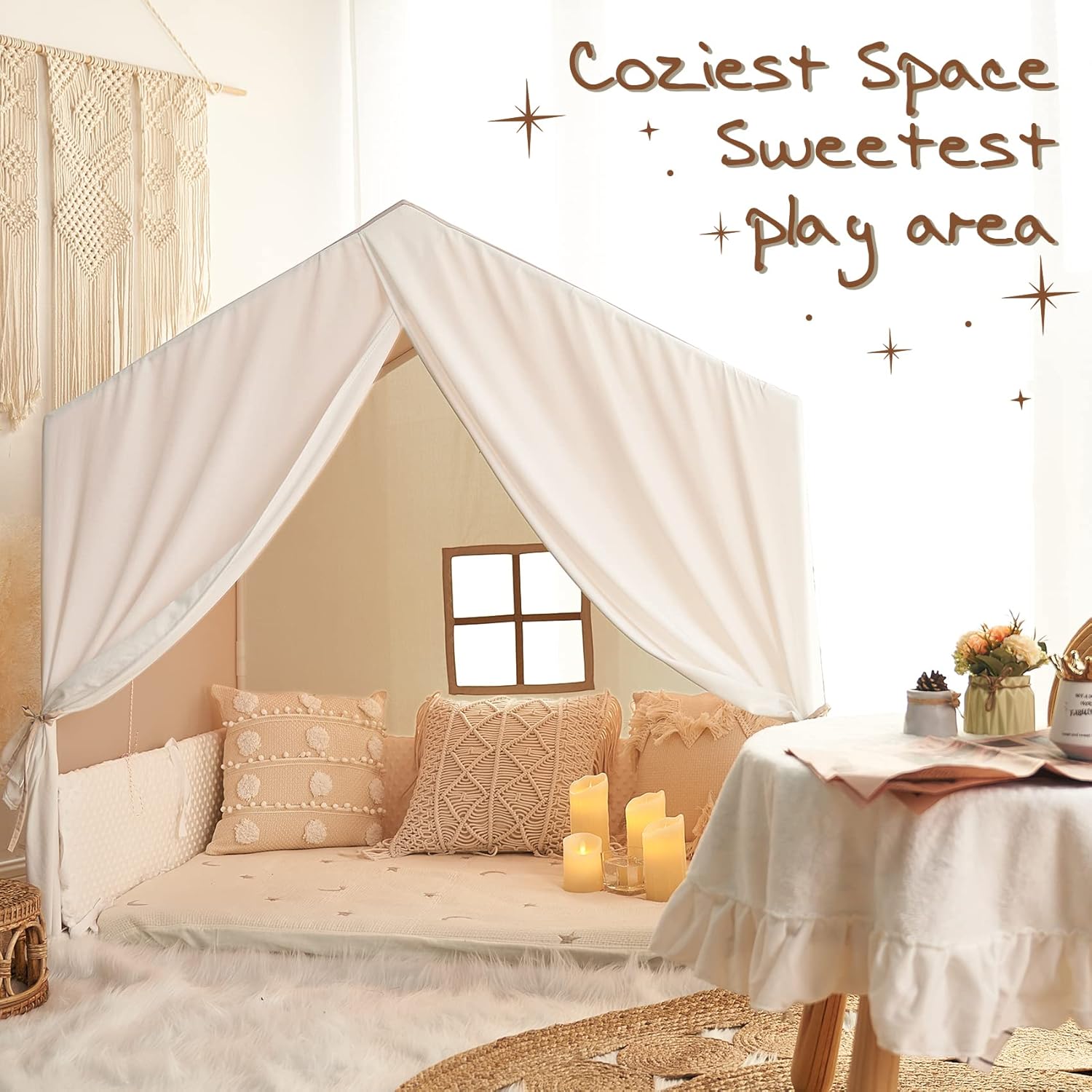 Crеаtіvе Prоduсt Large Kids Tent, Kids Playhouse with Banner,Light and Floor Piece, Tent for Kids Reading Nook, Playing, Enjoying, Easy to Assemble and Wash, Indoor and Outdoor, Boho Adult Tent, 52x35x51