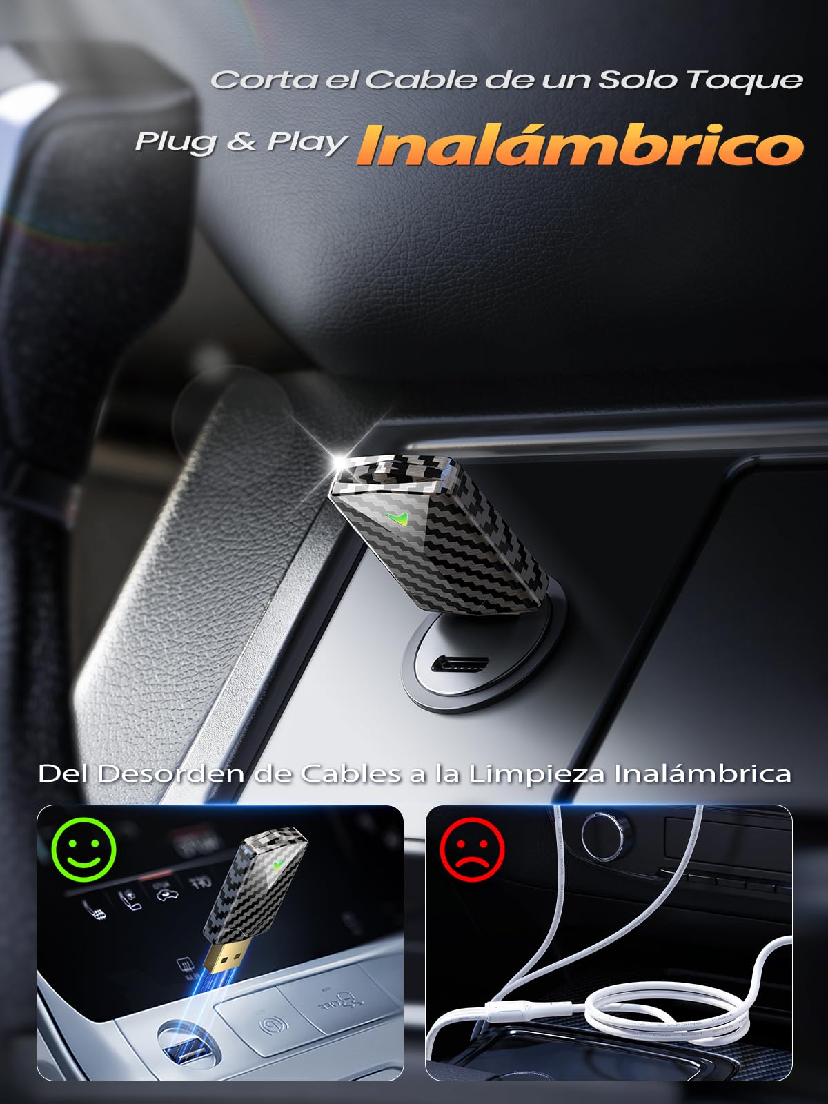Mini Adaptador CarPlay Inalámbrico y Android Auto Inalambrico, Diseño Fibra de Carbono, USB-A/C Metálico, Sin Latencia, Conexión Estable, Compatible con iPhone iOS 10+ y Android 10+