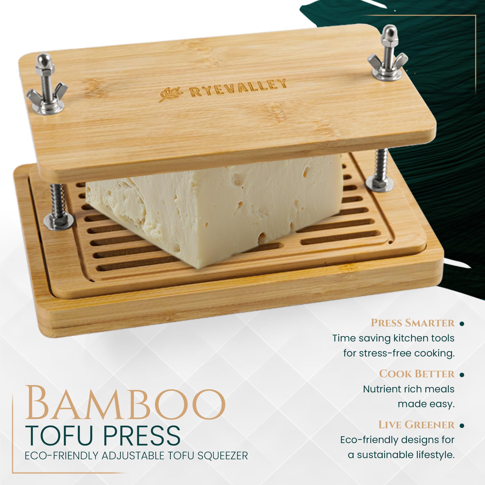 Bamboo Tofu Press by Ryevalley – Vegan Bamboo Tofu Press for Fast Water Removal from Silken, Soft & Organic Extra Firm Tofu. Eco-Friendly, BPA-Free, Durable.Perfect for High Protein Marinated Tofu