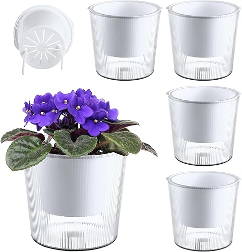 Paquete de 4 macetas y macetas transparentes de riego automático de 6.5 pulgadas para plantas de interior, macetas grandes de orquídeas, macetas de