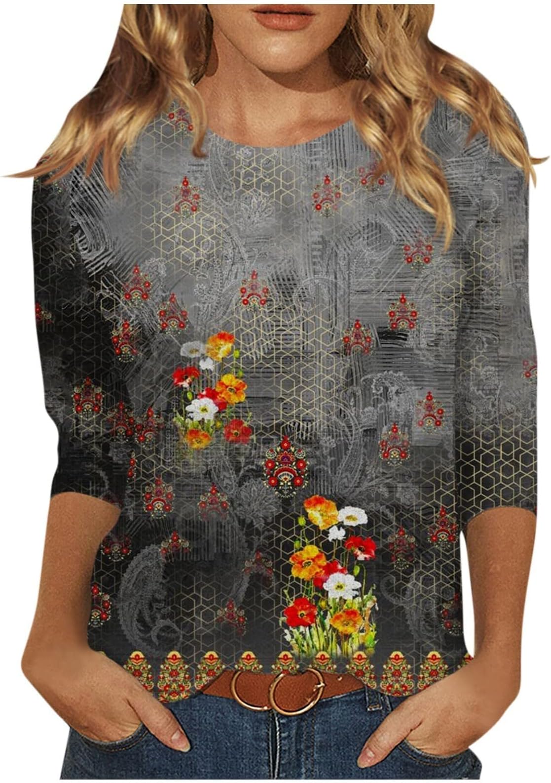 HnodovVintage Floral Tops for Women 3/4 Sleeve Crewneck Summer Tshirts Blouse Fashion Loose Casual Vacation Tunic Shirt