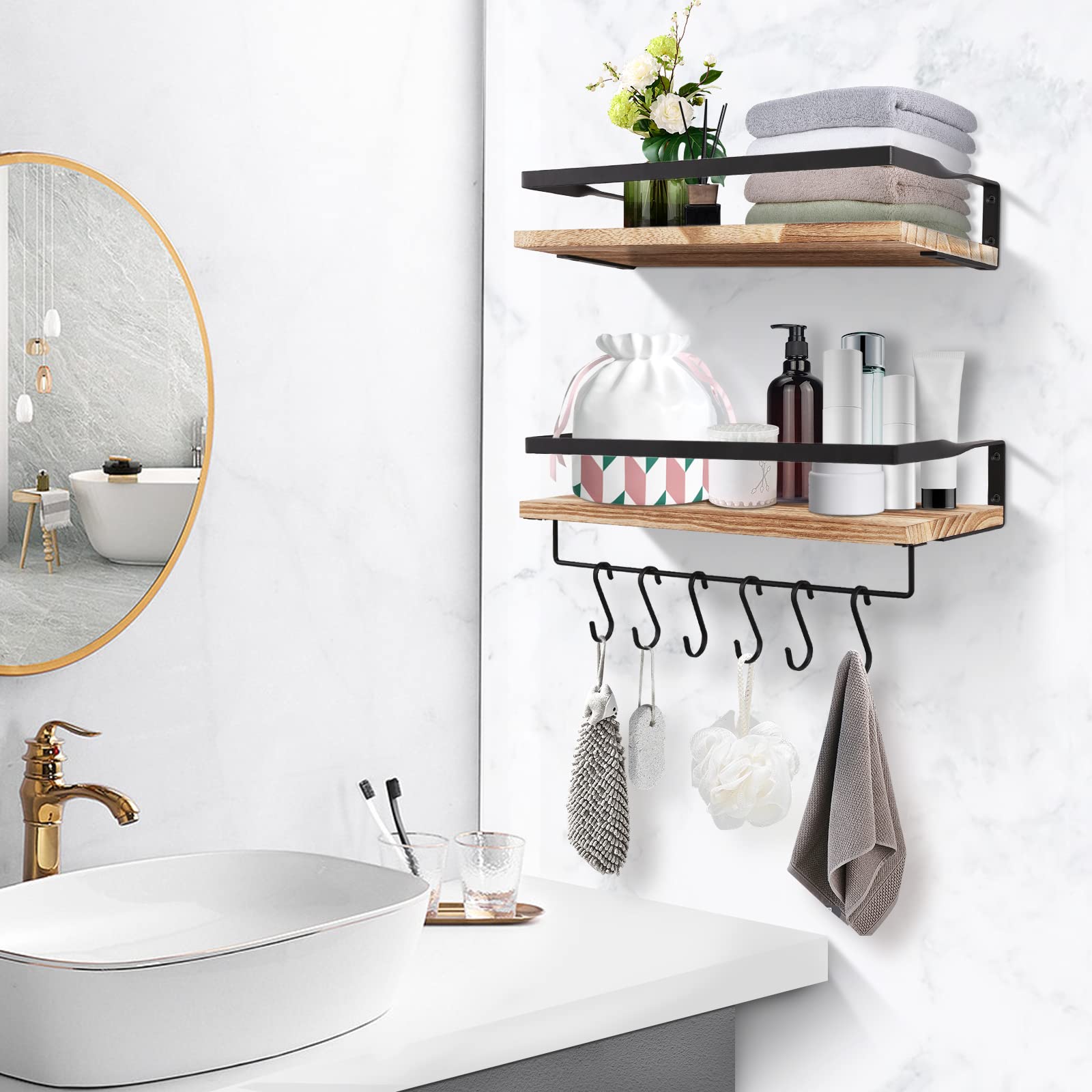 himaly Estantes flotantes para Pared, Juego de 2 estantes de Madera rústica, estantes Decorativos para Libros, baño, Dormitorio, Sala de Estar, Cocina