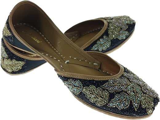 Fulkari Women Blossom Black Gold Genuine Soft Leather Embroidered Jutis | Bite and Pinch Free Jutti | Punjabi Formal Jutti...