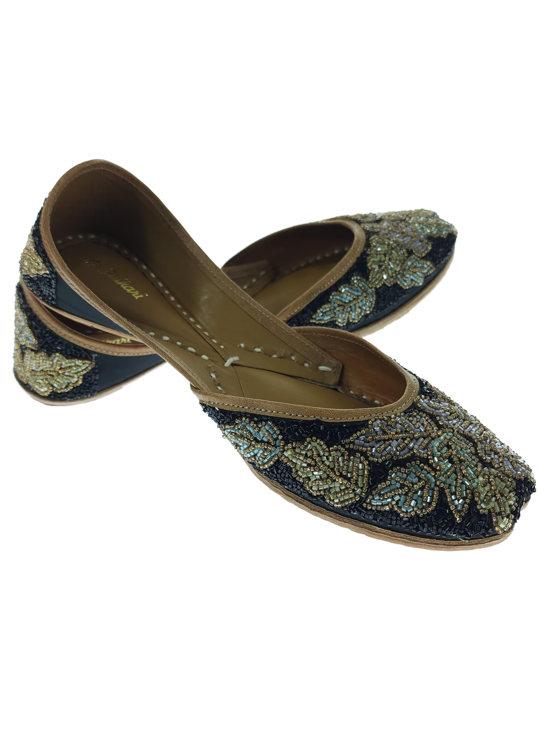 Women Blossom Black Gold Genuine Soft Leather Embroidered Jutis | Bite and Pinch Free Jutti | Punjabi Formal Juttis | Girl's Wedding Flat Ladies Mojari | Formal Ethnic Juti |-image-3