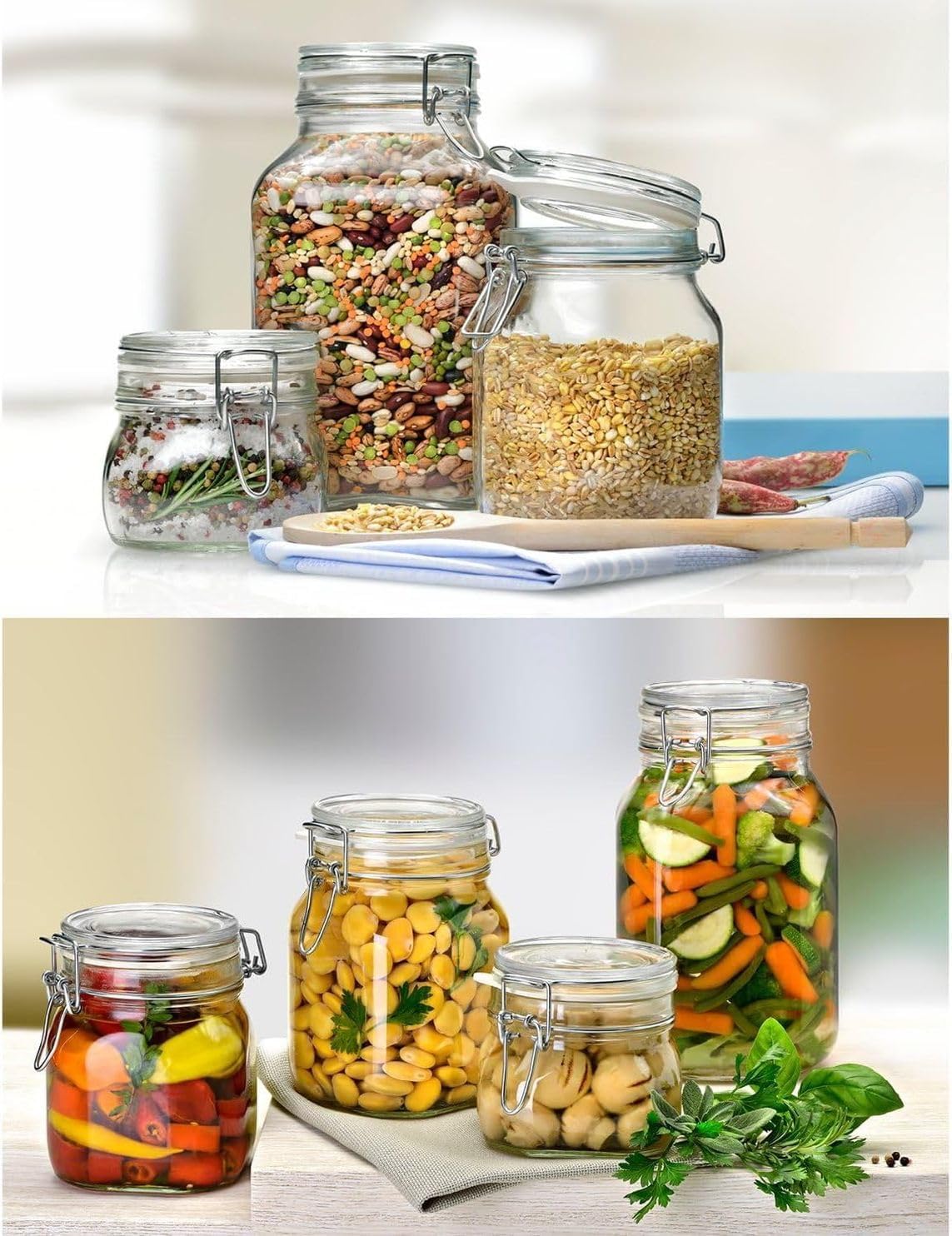 Bormioli Rocco Fido Squared Wide Mouth Glass Jar with Airtight Gasket Clamp Lid for Canning and Food Storage, Clear Top, 50.75 oz.