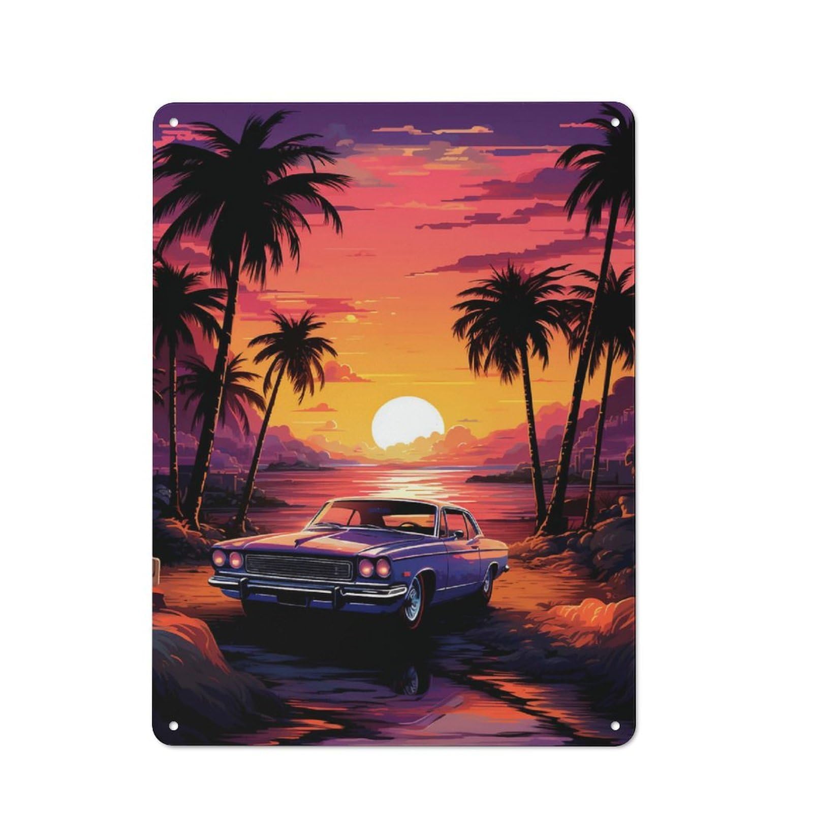 Junmoney Synthwave Retro Car Sunset Metal Tin Sign, Clean Printed Wall Decor For Breakfast Nook, Kitchen Wall And Home Cafe, 40X30cm