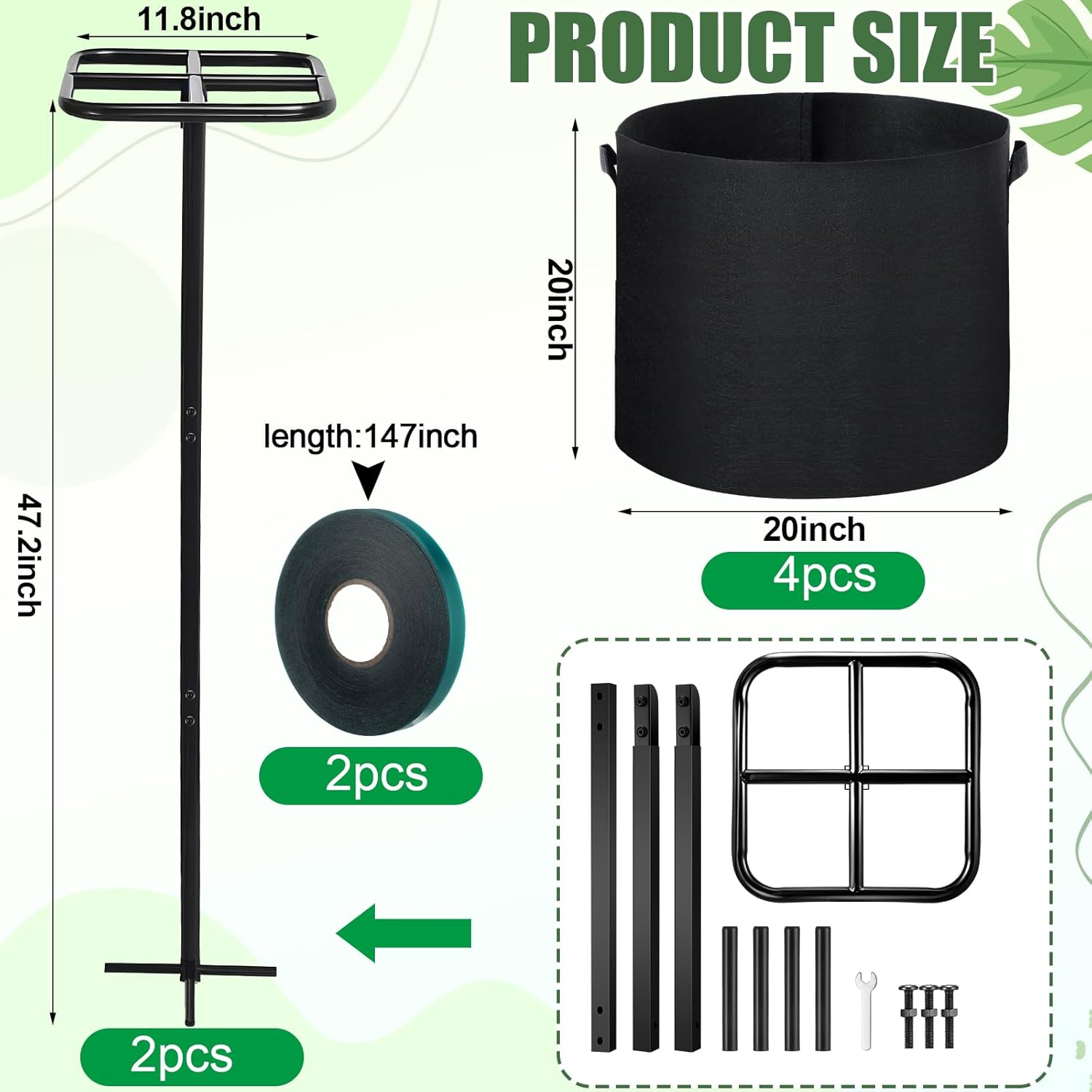 8 Pcs 12 x 48 Inch Dragon Fruit Plant Trellis with 20 Gallon Grow Bags and Wide Stretch Ties for Vertical Gardening Dragonfruit and Vining Plants