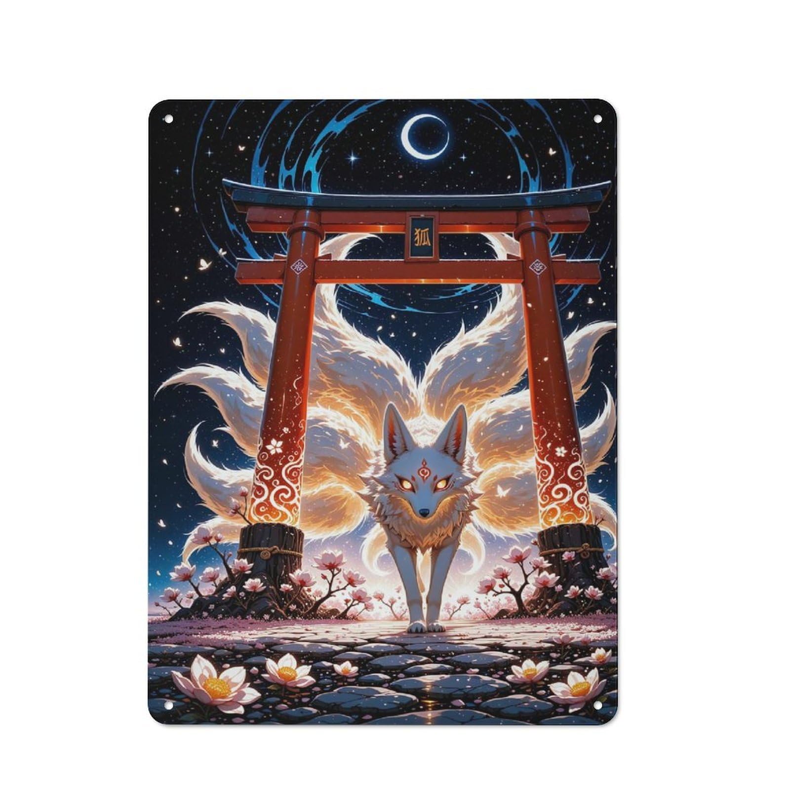 Metal Wall Sign with Kitsune Nine-tailed Fox Torii Gate Cherry Blossom Sakura Japan Design 40x30cm, Modern Retro Urban Room Decor for Workspace, Cafe, Hallway Or Garage