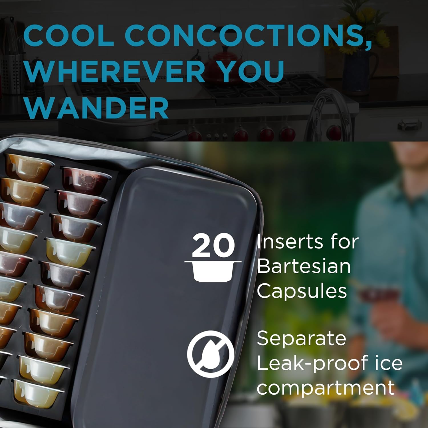 Bartesian Padded Travel Bag for Cocktail Maker and Capsules - Heavy Duty Organizer Backpack for Cocktail Machine with Leak-Proof Ice Compartment - Protective Traveling Cocktails Storage Tote Bag