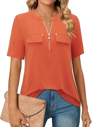 Bulotus Womens Zip Front V-Neck Short Sleeve Work Casual Top Blouse Shirt Solid and Plaid