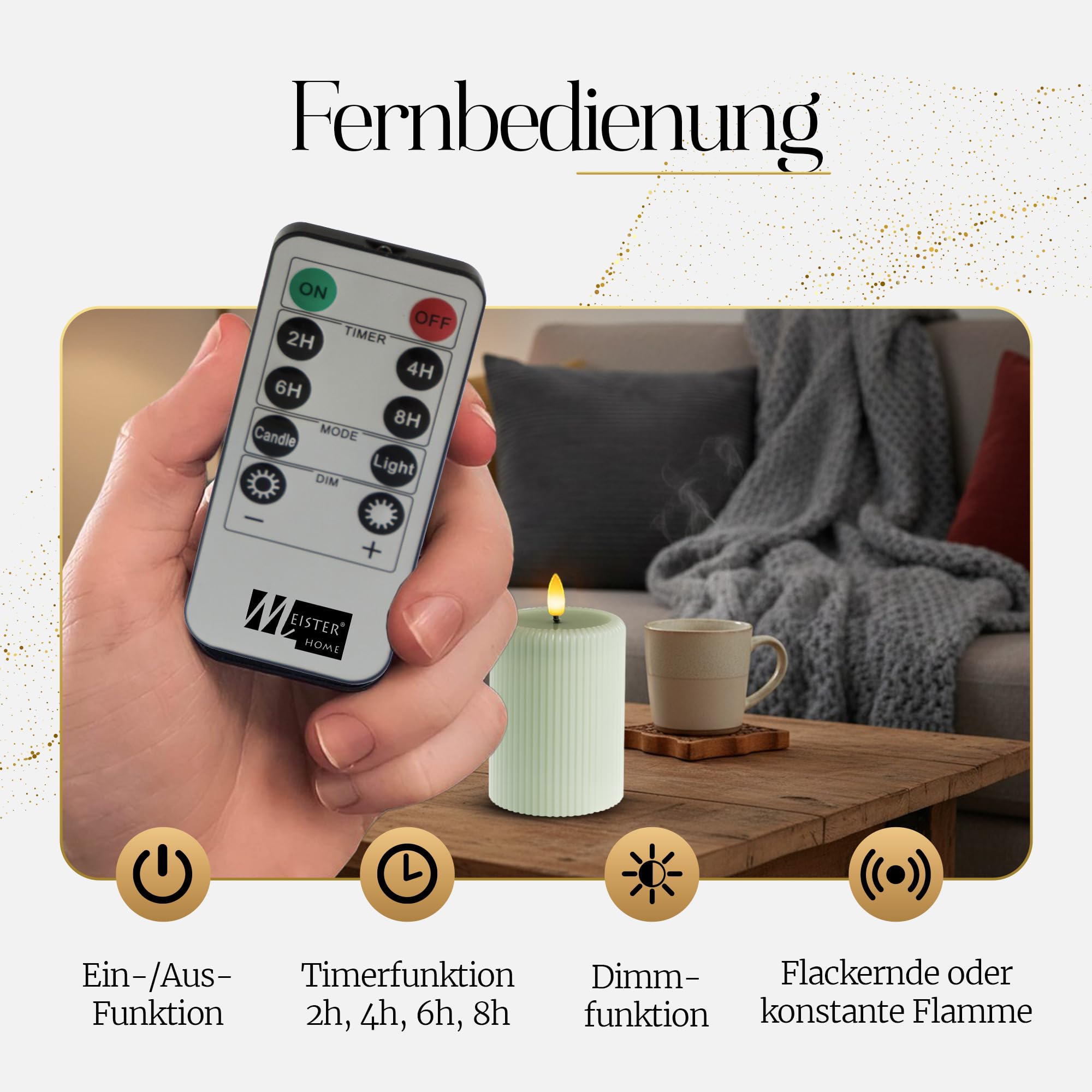 Meisterhome® LED-Kerzen 4er-Set Sage - Flammenlos – Stumpenkerzen mit Fernbedienung & Timer – batteriebetrieben – warmweißes Licht – Ø 7,5/10 cm, Höhe 10/15 cm – Riffel-Design – flackernde Flamme