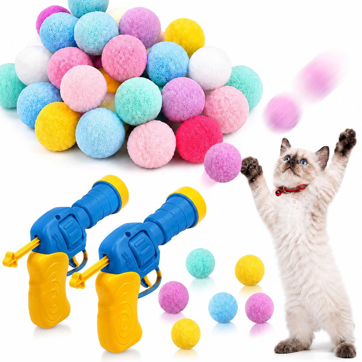 Cat Toys, 2 Pack Interactive Ball Toss Set with 50 Soft Plush Fuzzy Balls, Cat Playing Toys for Indoor Cats, Cat Toy for Exercise, Chase and Interactive Play, Toys for Cats and Kittens-image-24