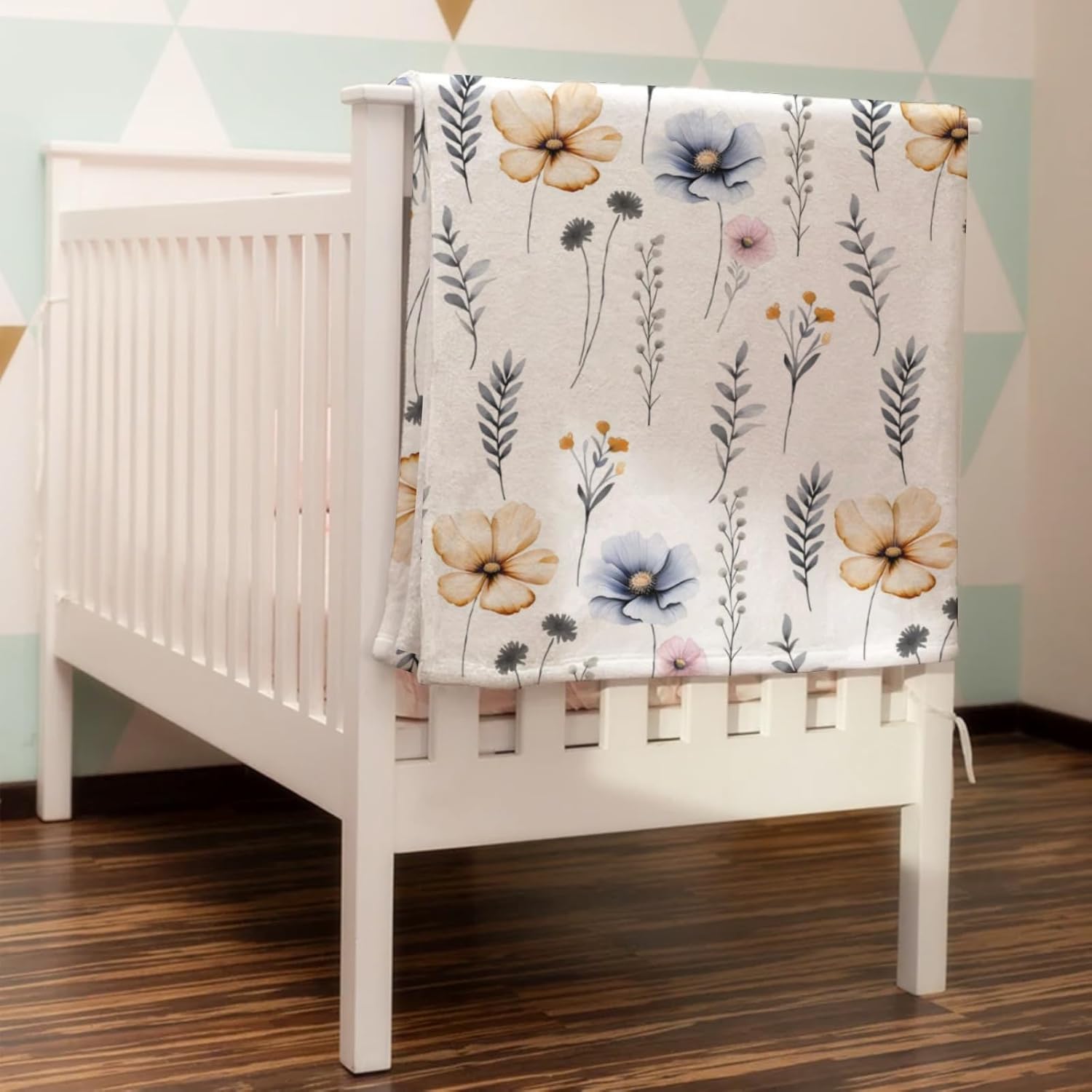 Retro Wild Flowers Baby Blanket for Girls & Boys Watercolor Flowers Leaves Swaddle Blanket Soft Flannel Receiving Boho Floral Newborn Nursery Bed Throw Stroller Crib Cover Shower Gift 40x50 inch