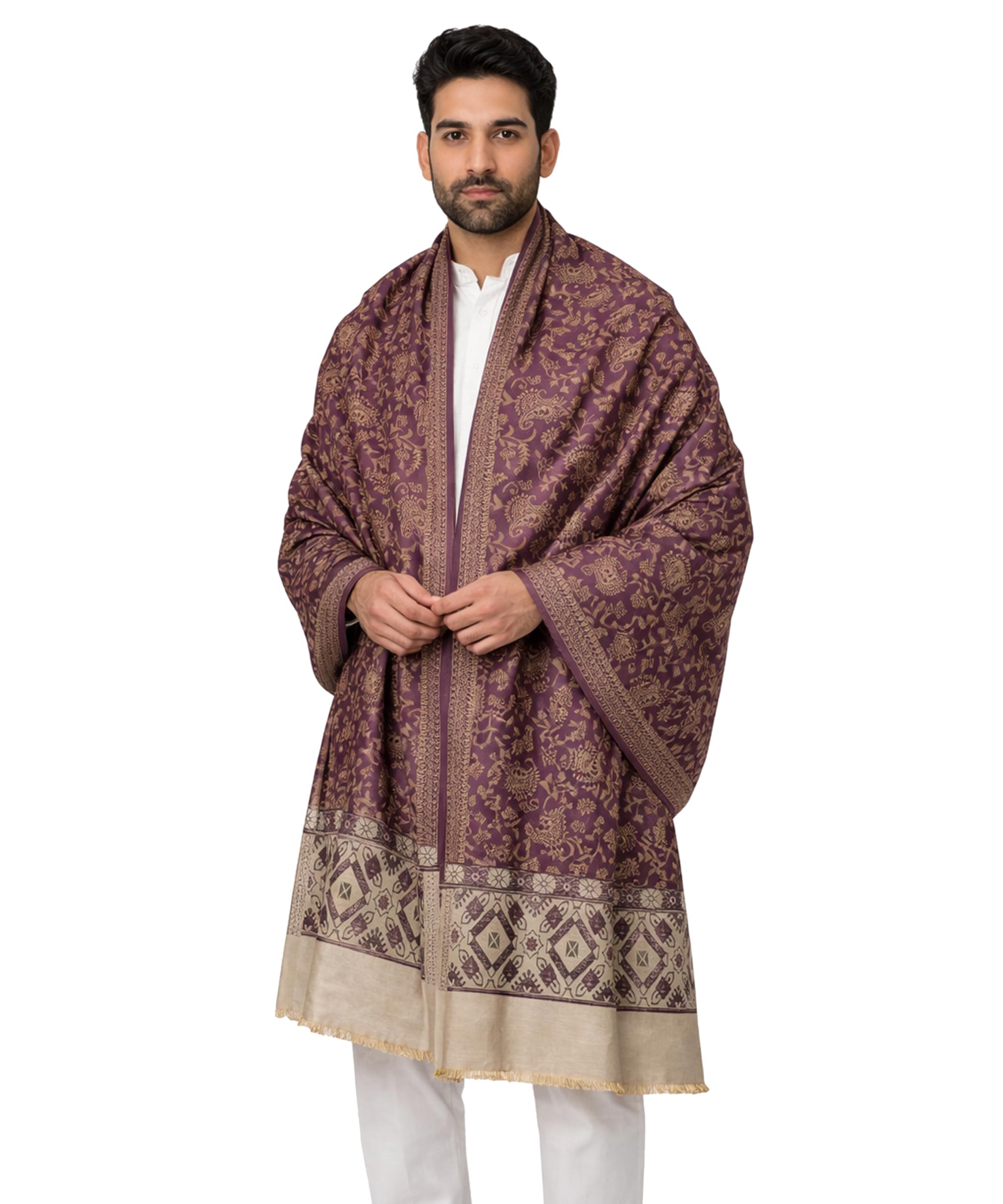 Men's Kashmiri Design Wool Blend Shawl for Winter– Warm Winter Fawn Border Shawl for Gents, Elegant Floral Printed Pashmina Style Wrap for Party & Casual Wear (DARK PURPLE)-image-5