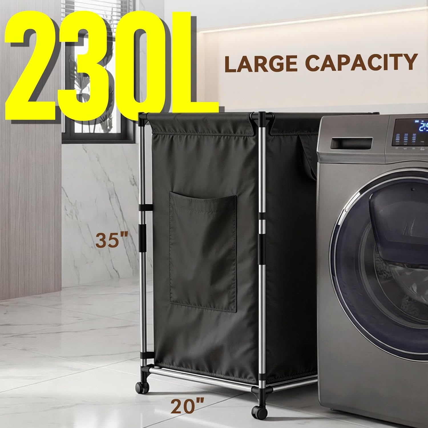 Double Laundry Hamper，230L Large 2-Compartment Dirty Clothes Basket,Collapsible Laundry Sorter with Wheels (Black)
