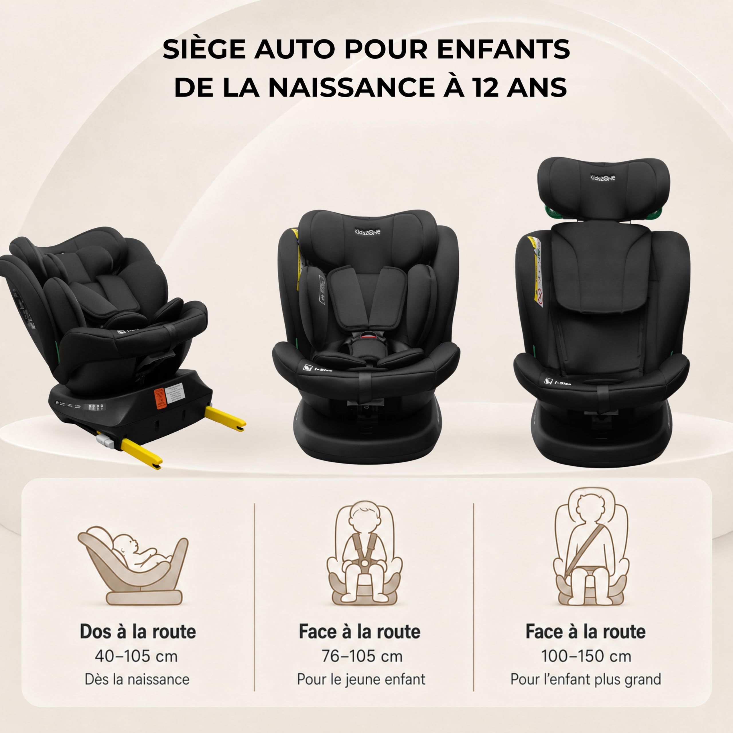 Siege Auto Bebe 0 à 36kg Isofix pivotant 360, i-Size Siège Auto Groupe 0 1 2 3, 40-150cm, Appui-tête réglable, Harnais à 5 points
