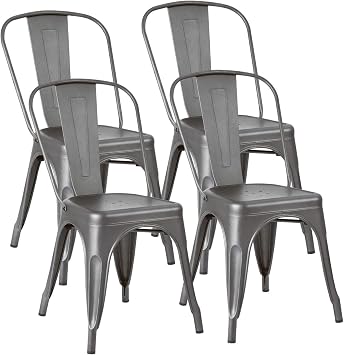 JUMMICO Metal Dining Chair Stackable Indoor Outdoor Industrial Vintage Chairs Bistro Kitchen Cafe Side Chairs with Back Set of 4 Gray