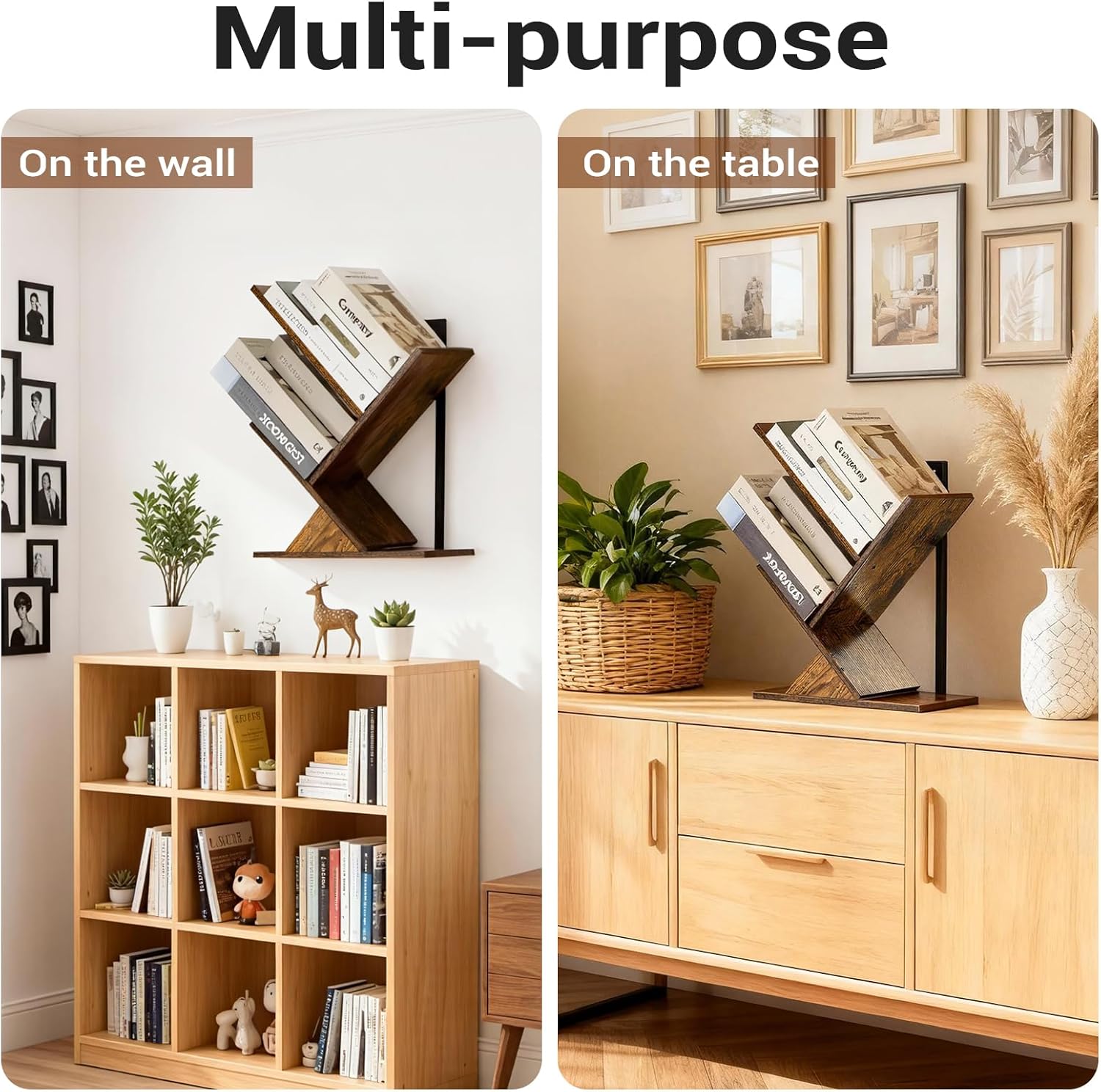 3-Tier Tree Book Shelves for Wall, Small Wall Mounted Shelves, Unique Hanging Bookshelf Storage Rack, Floating Bookshelves Organizer for Living Room, Office, Rustic Brown & Black