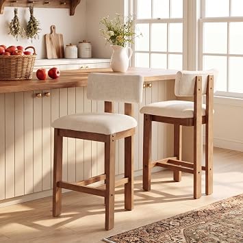 DUOMAY 26 Inch Modern Bar Stools Set of 2, Farmhouse Counter Stools Wooden Barstools, White Chenille Upholstered Counter Height Bar Stools with Back & Solid Wood Legs, Chenille