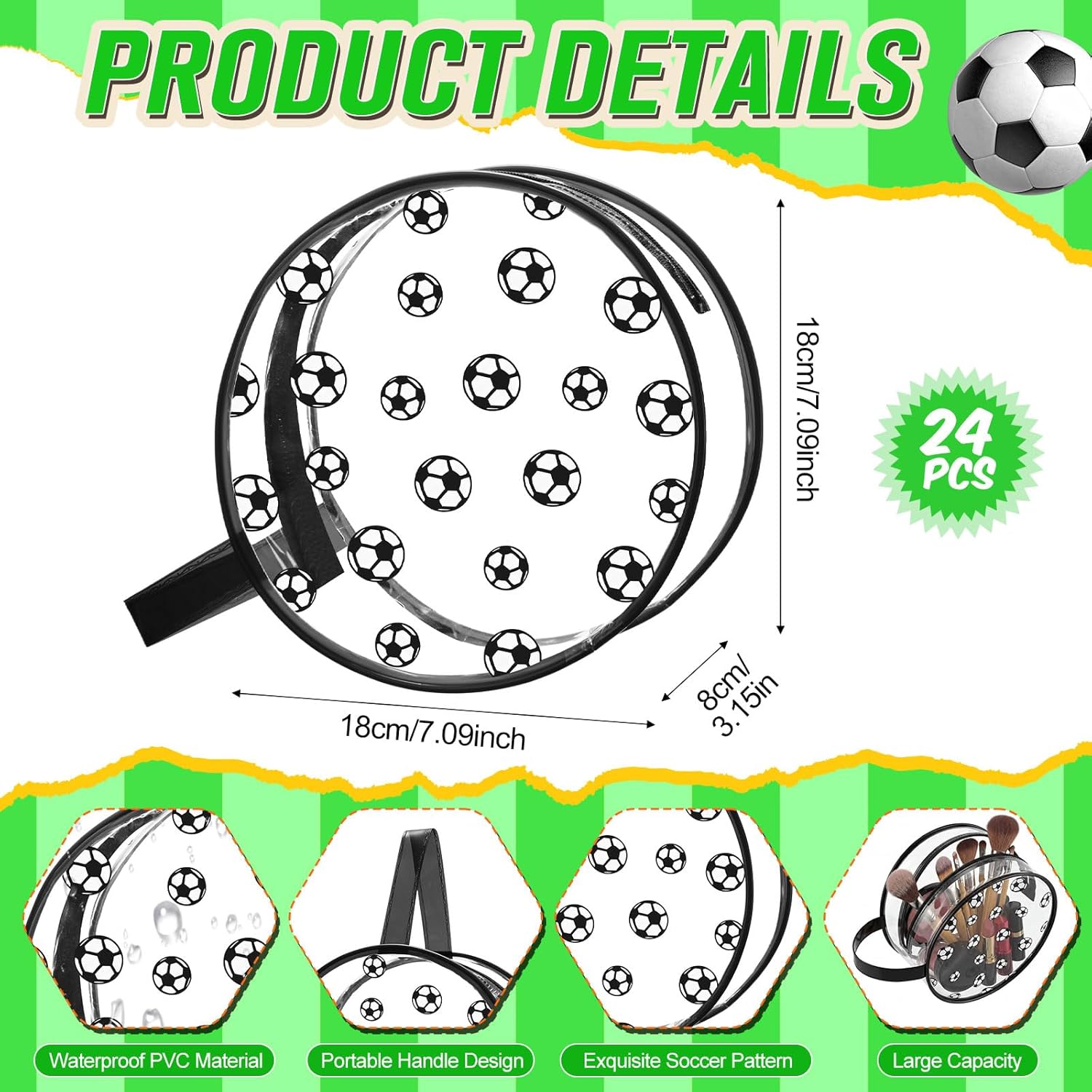 24 Pcs Soccer Clear Makeup Bag with Zipper Bulk Sport Goodie Clear PVC Pouch Organizer Waterproof Travel Case for Woman Team Gifts Birthday Decorations Supplies
