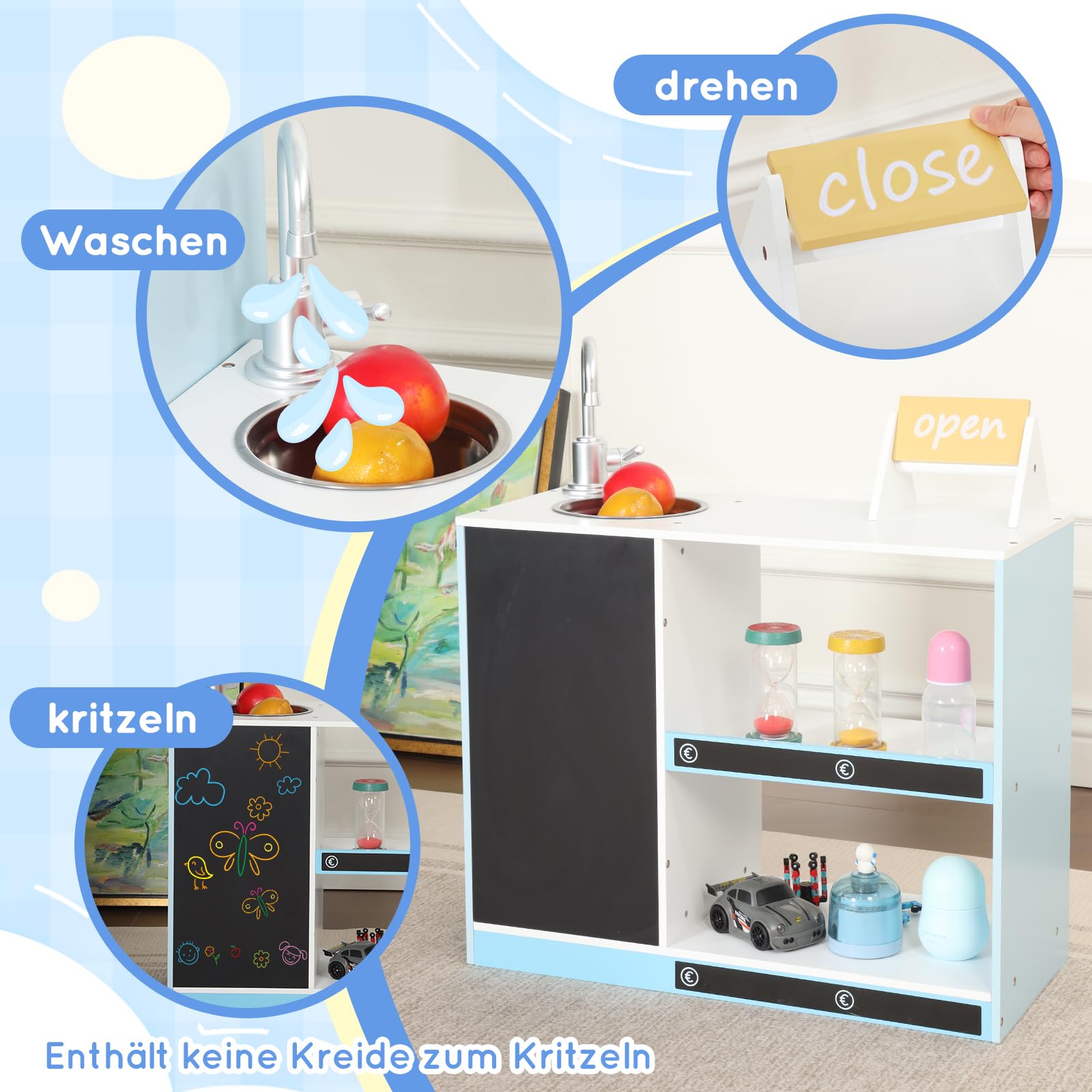 Kaufladen, Kinder Supermarkt mit Kreidetafel und Theke, Kaufmannsladen, Verkaufsstand, Spielzeugsupermarkt, Einkaufsladen, ab 3 Jahren