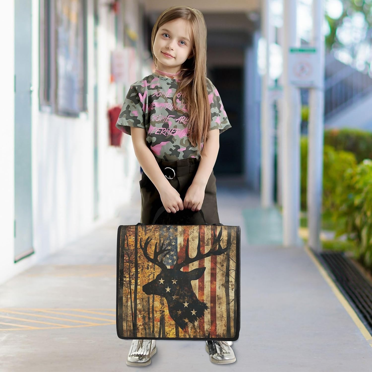 School Zipper Binder Deer America Camo Moose Decor Trapper Keeper 3 Ring Binder Bag Multiple Pockets & Storage Organizer, 500 Sheet Capacity with Shoulder Strap
