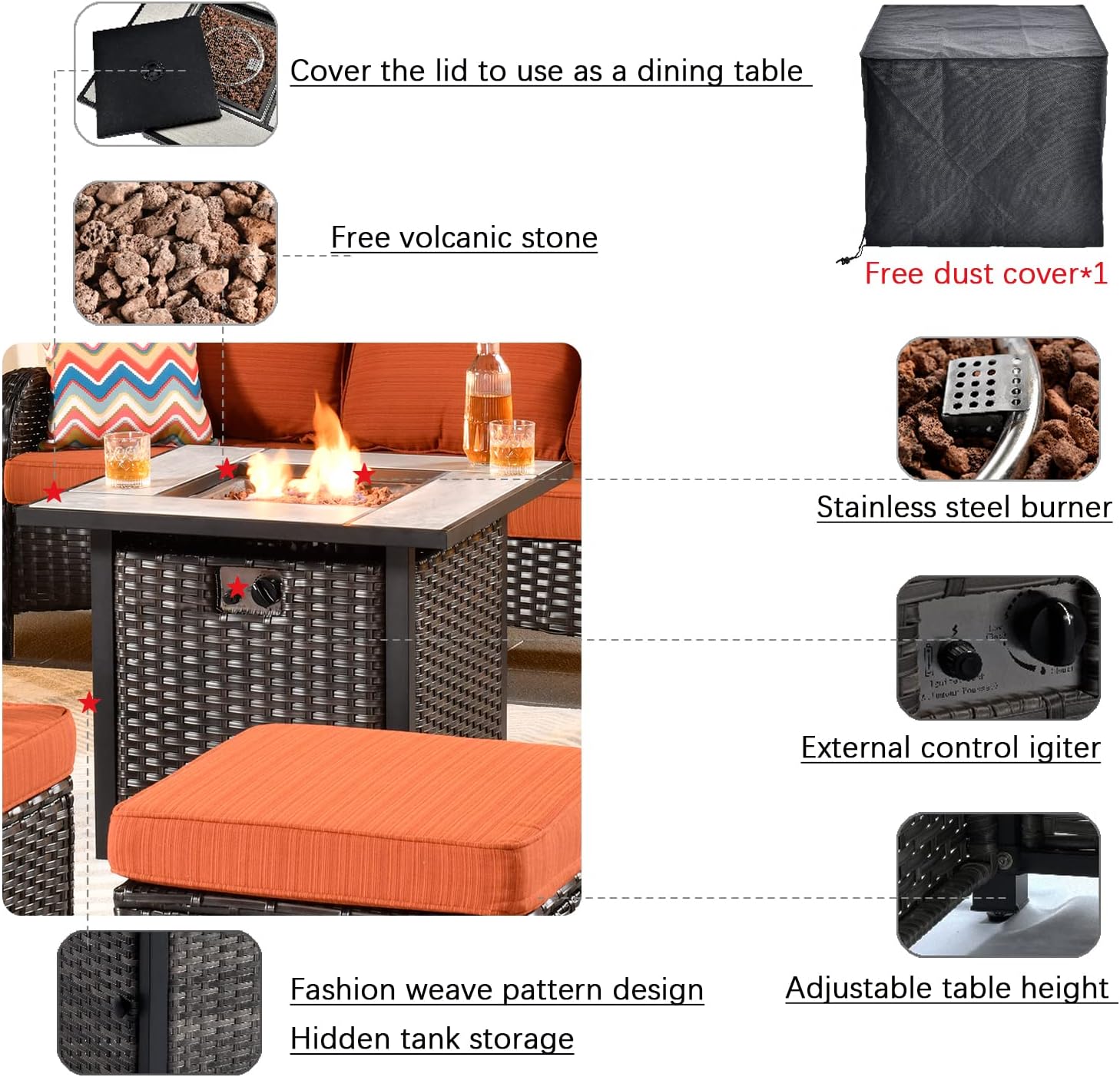 XIZZI Patio Furniture Sets 7 Pieces Outdoor Furniture All Weather Wicker Patio Conversation Sofa with 360 Degree Swivel Rocking Chairs Matching Side Table and Gas Fire Table,Brown Wicker Orange Red : Everything Else