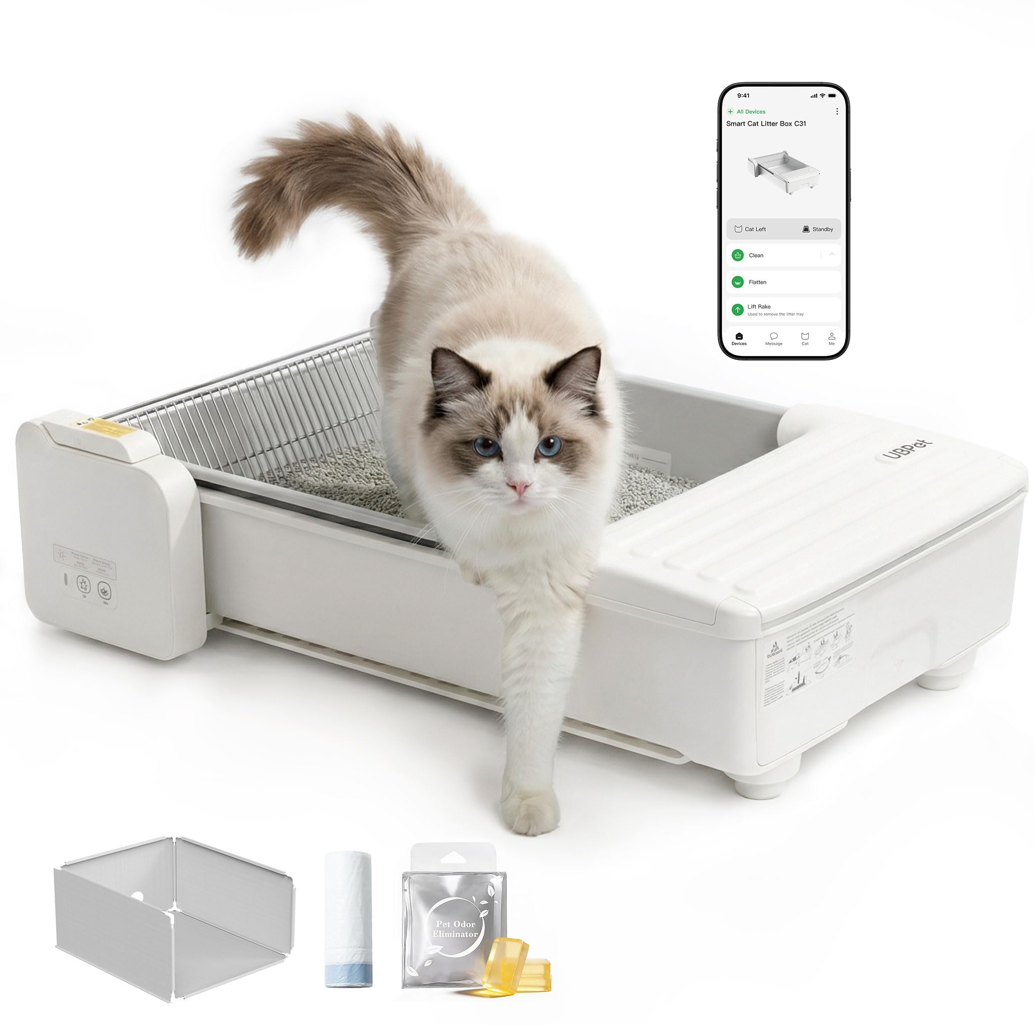 UBPET C31 Lettiera Autopulente per Gatti, Lettiera Aperta Autopulente con Controllo App, Deodorizzatore, Sistema a Doppio Rastrello, Grande Capacità, per Più Gatti