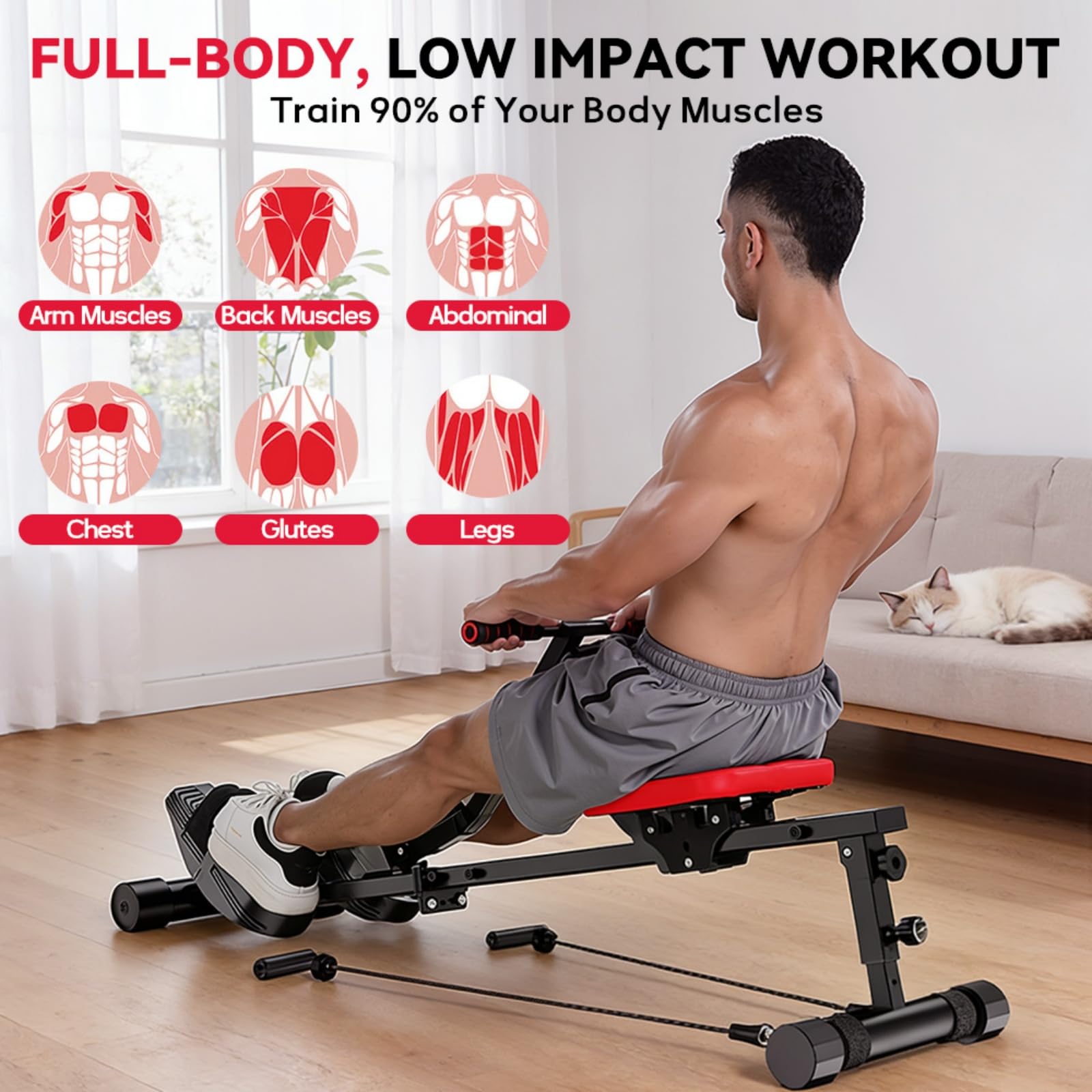 Vogatore per la casa idraulica, 12 livelli di resistenza, capacità di carico 180 kg, per allenamento completo vogatore fitness
