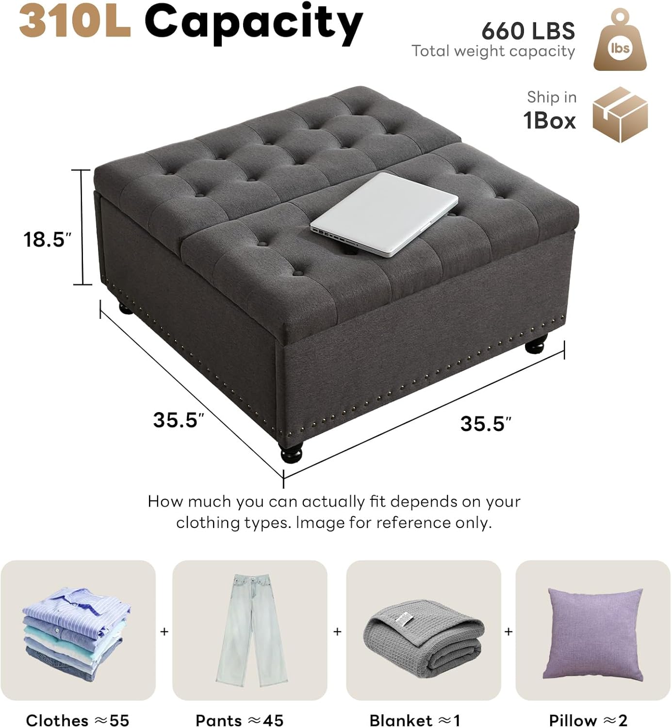 Tbfit Large Square Storage Ottoman Bench, Tufted Upholstered Coffee Table Ottoman with Lift Top & Wooden Legs, Oversized Storage Ottomans Toy Box for Living Room (Dark Grey)